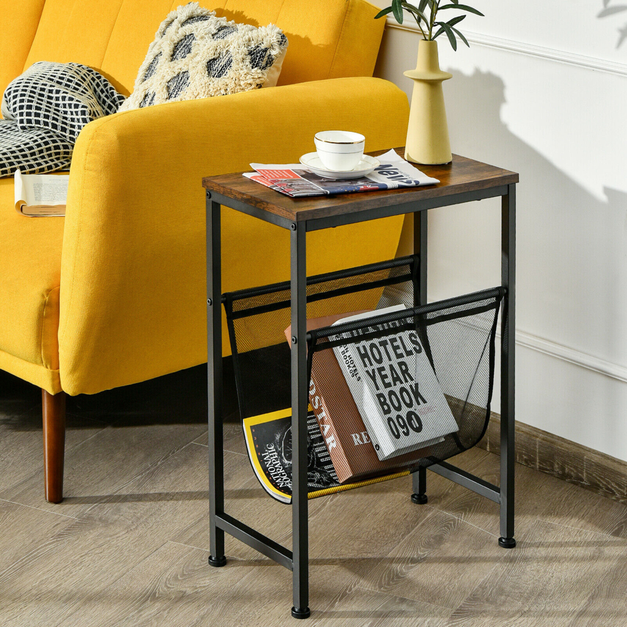 2PCS Narrow End Table With Holder Sling Industrial Accent Console Table