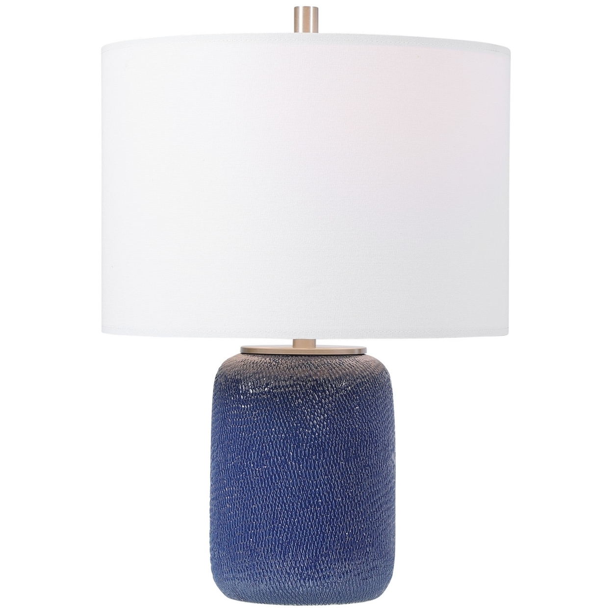 Ceramic Round Bellied Shape Table Lamp with Textured Detail, Blue- Saltoro Sherpi