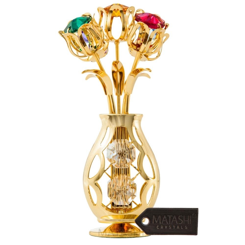 Best Mother's Day Gift Matashi 24k Gold Plated Flowers Bouquet & Vase With Colorful Crystals Table-Top #1 Gift For Mom From Daughter, Son