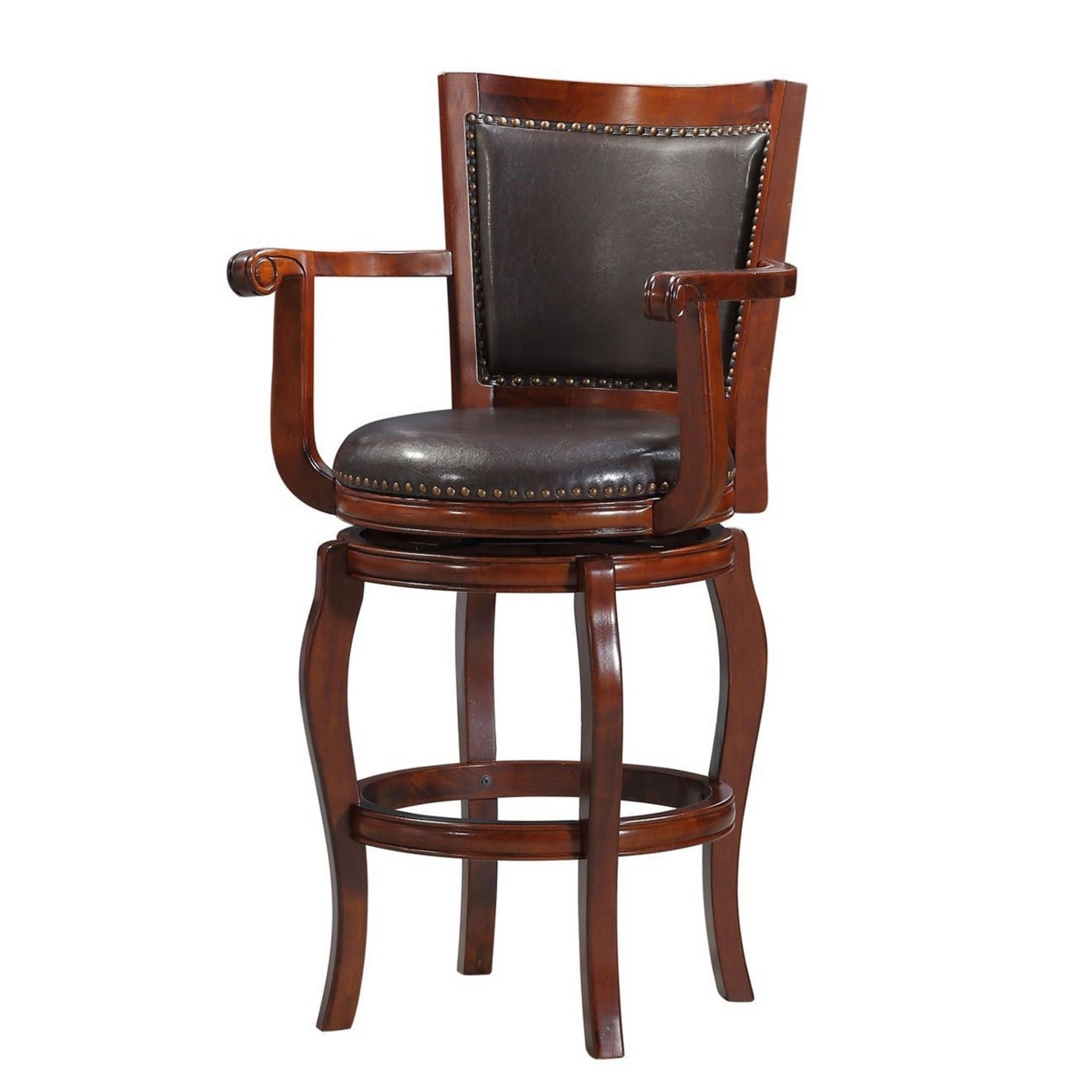 Swivel Barstool With Sleek Rolled Arms And Nailhead Accents, Brown- Saltoro Sherpi