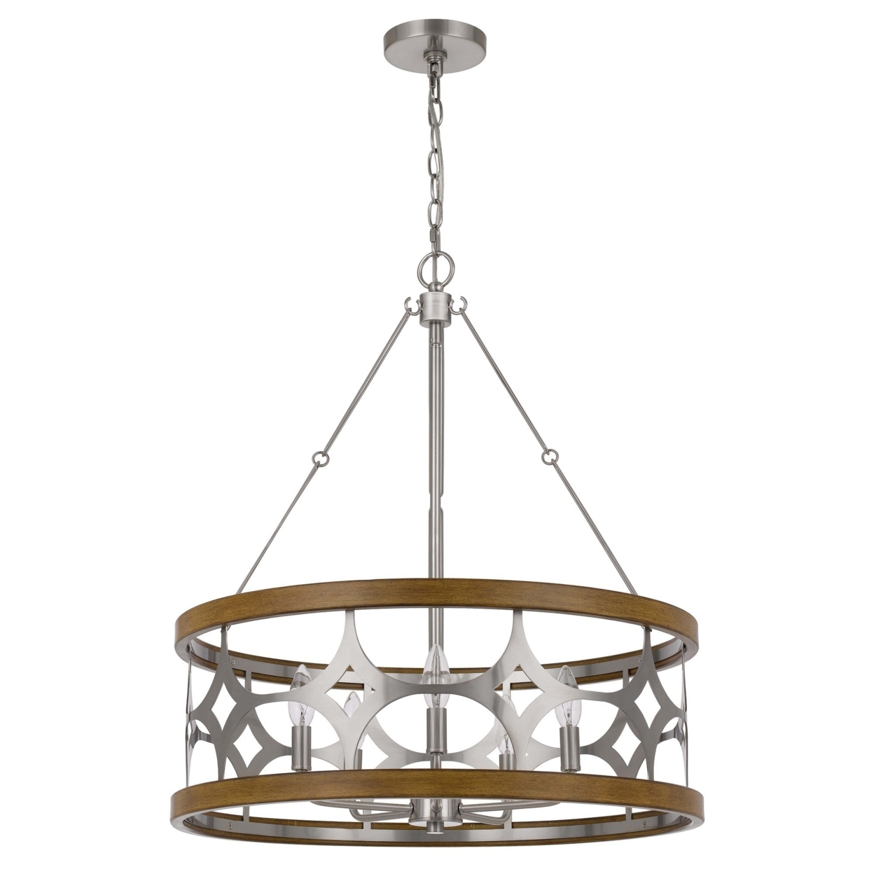 Chandelier With Metal Drum Shade And Geometric Cut Out Pattern, Silver- Saltoro Sherpi