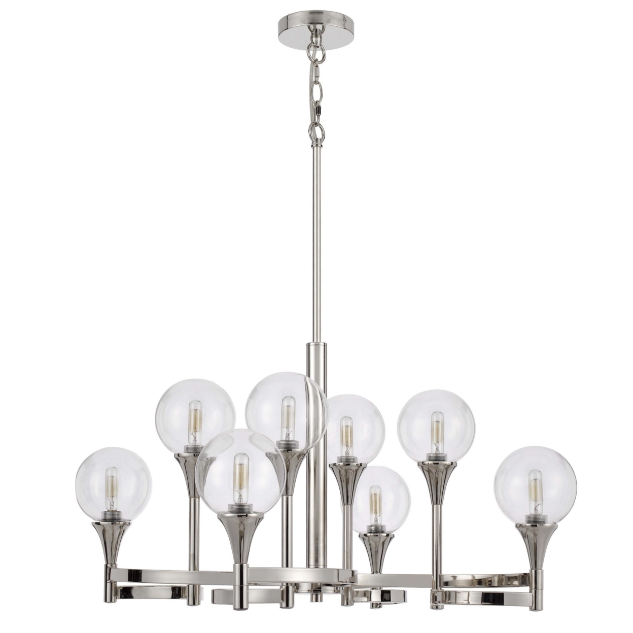 Chandelier With 8 Globe Glass Shades And Cone Design Holders, Chrome- Saltoro Sherpi