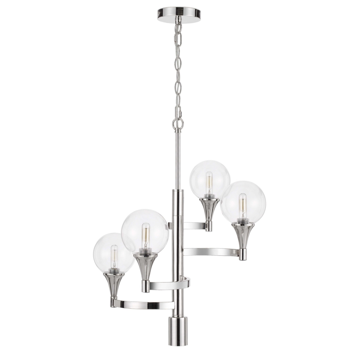 Chandelier With 4 Globe Glass Shades And Cone Design Holders, Chrome- Saltoro Sherpi