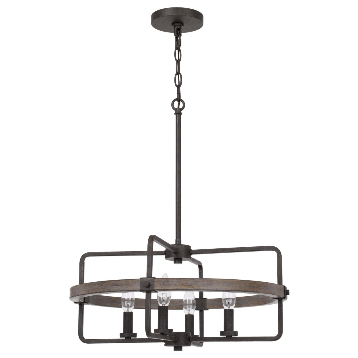 Chandelier With Round Wooden Frame And Metal Support, Gray And Black- Saltoro Sherpi