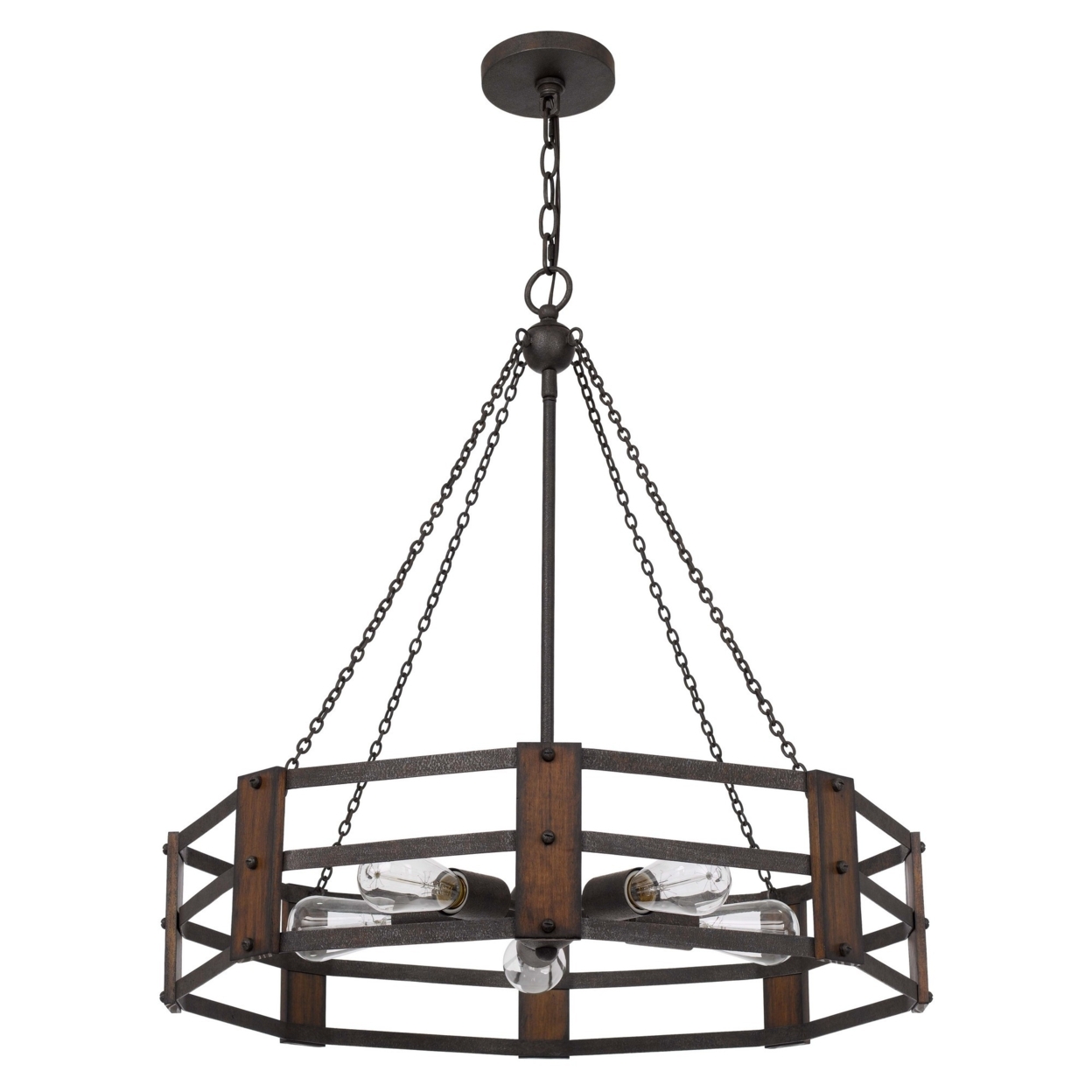 Chandelier With Octagonal Cage Design Metal Frame And Wood Accents, Brown- Saltoro Sherpi