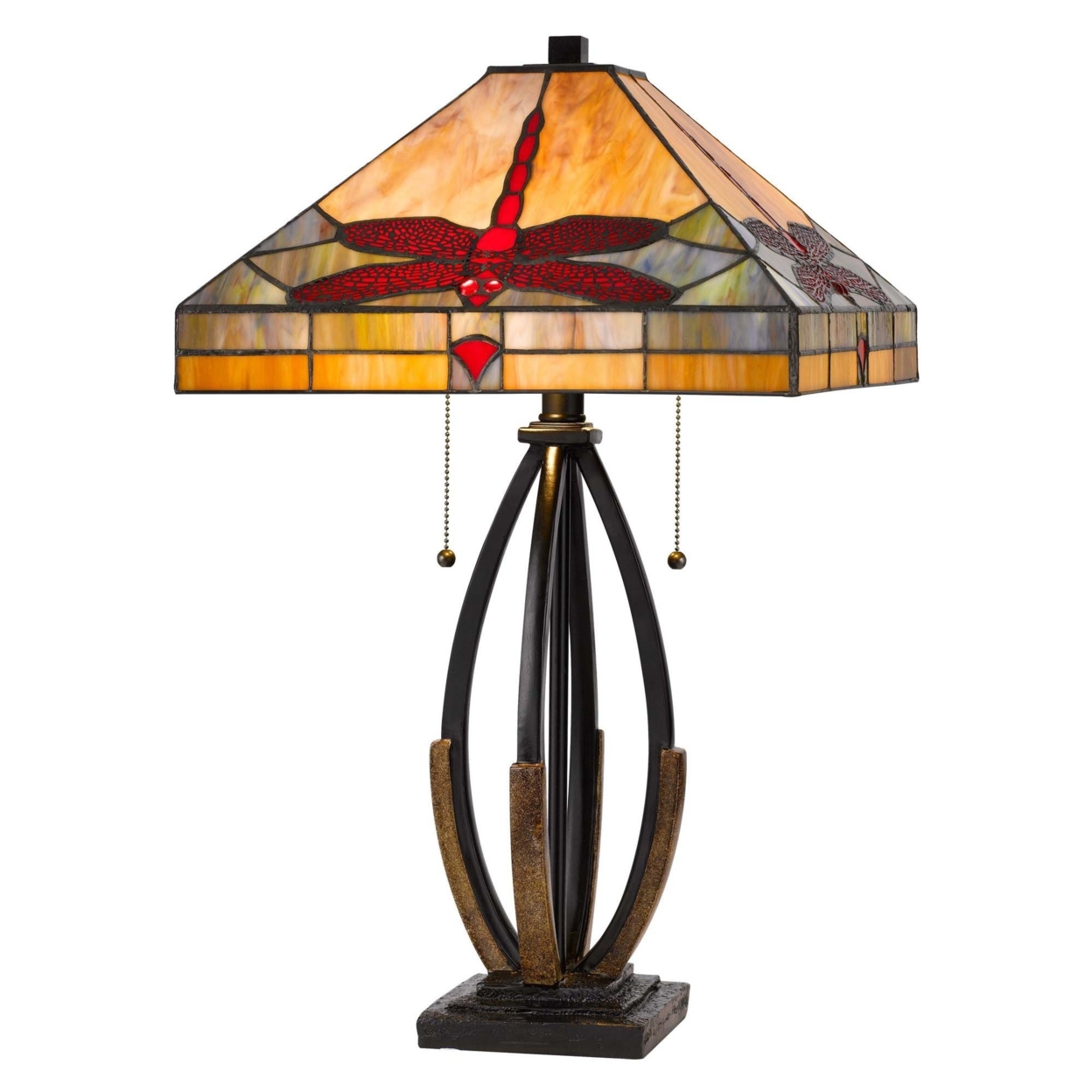 Table Lamp With Tiffany Shade And Dragonfly Accent, Multicolor- Saltoro Sherpi