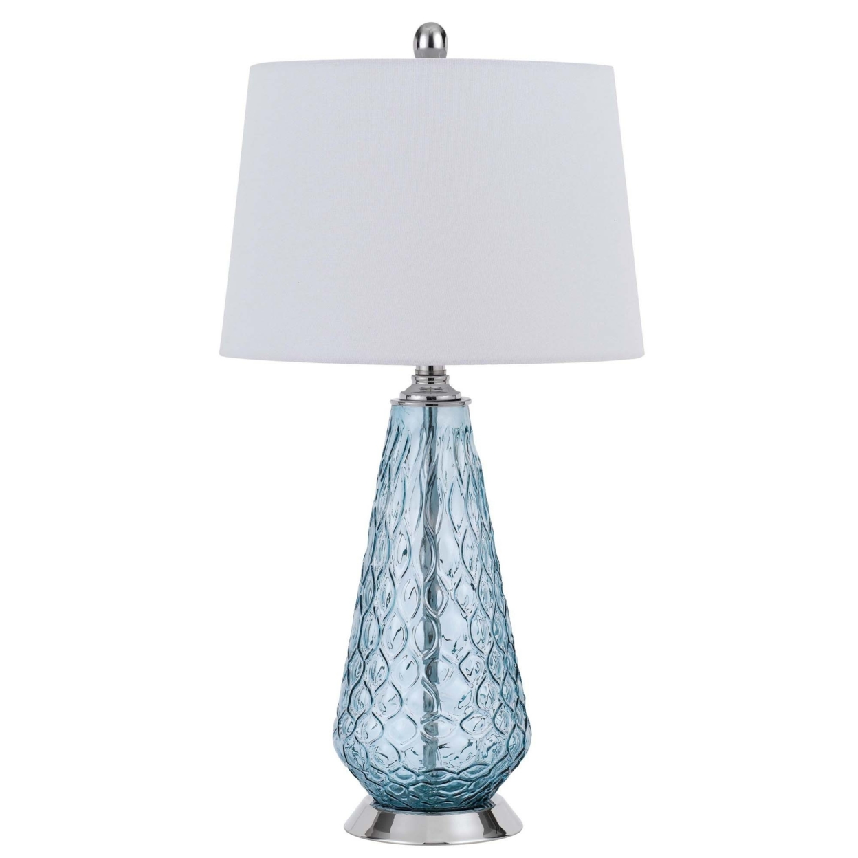 Table Lamp With Tear Drop Pattern Glass Base, White And Blue- Saltoro Sherpi
