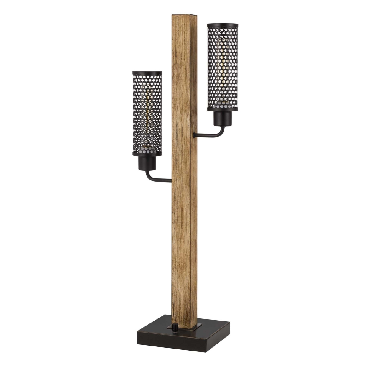 Wooden Table Lamp With 2 Metal Mesh Shades, Brown And Black- Saltoro Sherpi