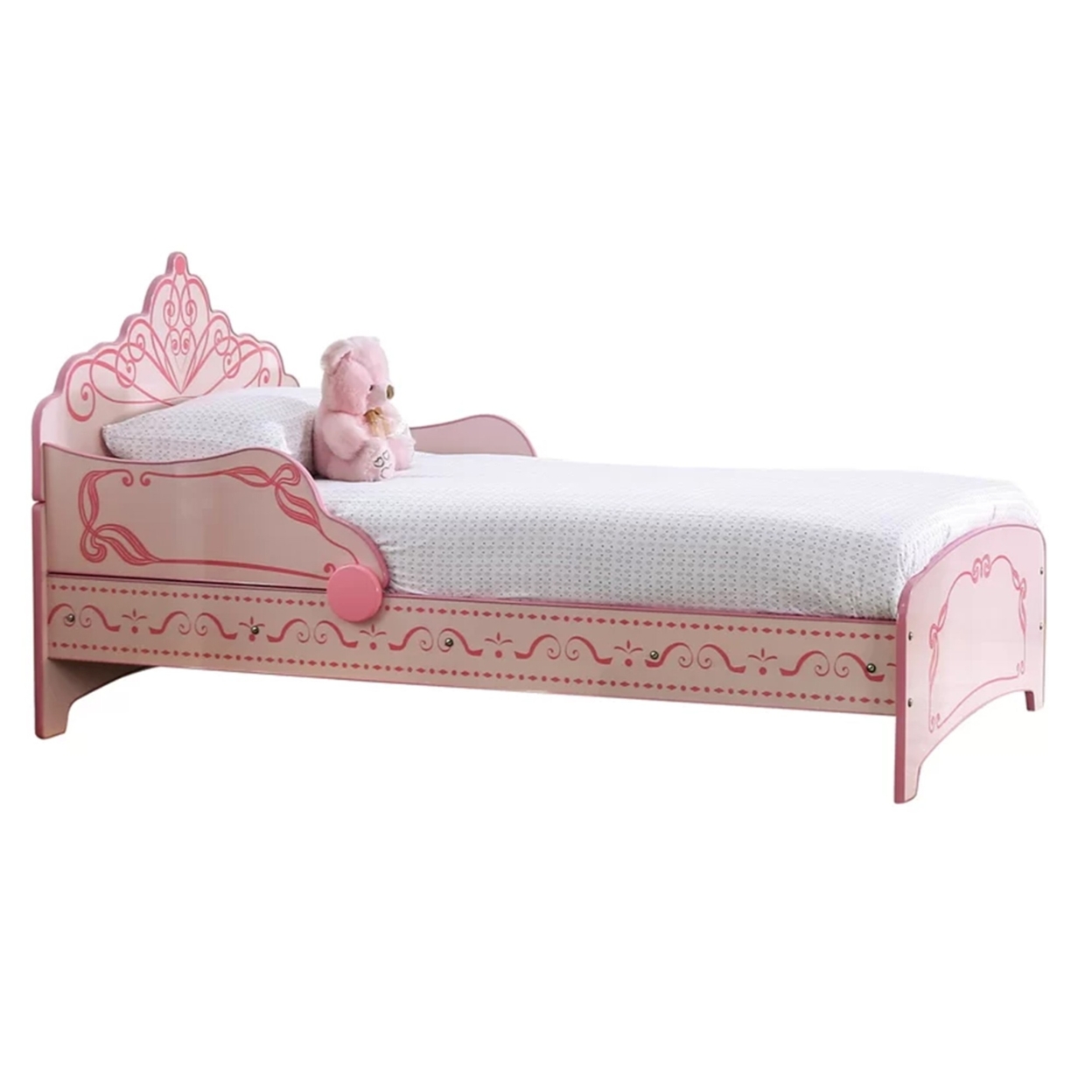 Twin Bed With MDF Scalloped And Scroll Motif Design, Pink- Saltoro Sherpi