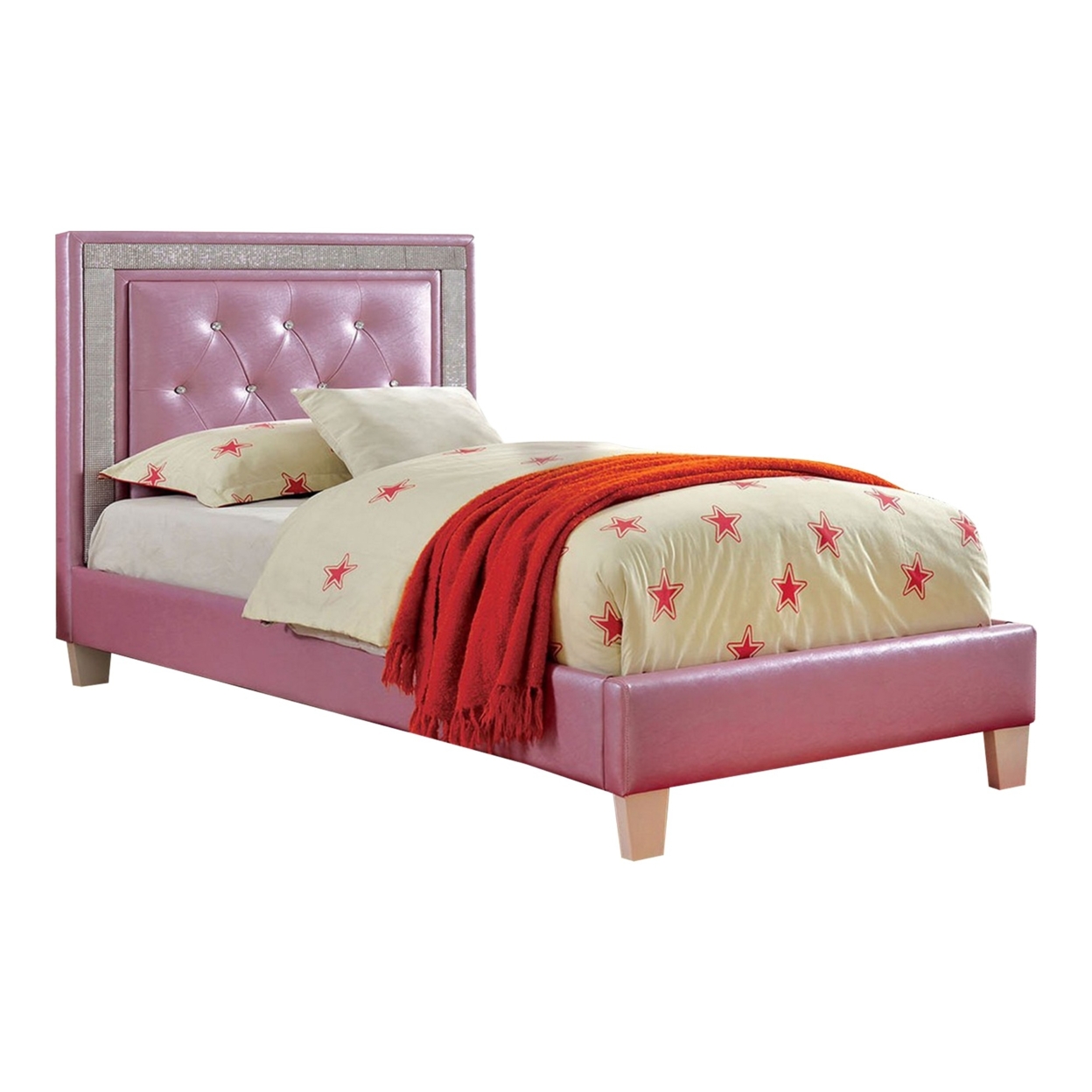 Twin Bed With Leatherette Upholstery And Crystal Button Tufting, Pink- Saltoro Sherpi