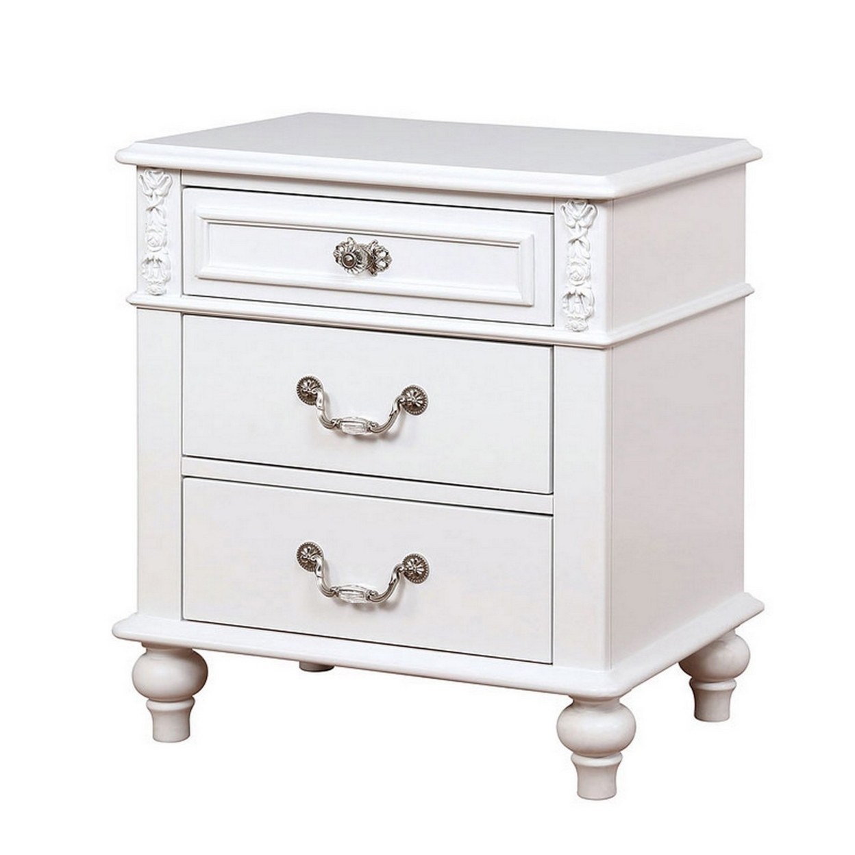 Nightstand With 3 Drawers And Built In USB Port, White- Saltoro Sherpi