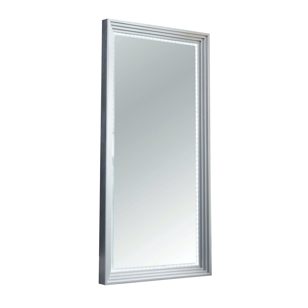 Hallway Mirror With LED Light Trim And Grooved Edges, Silver- Saltoro Sherpi