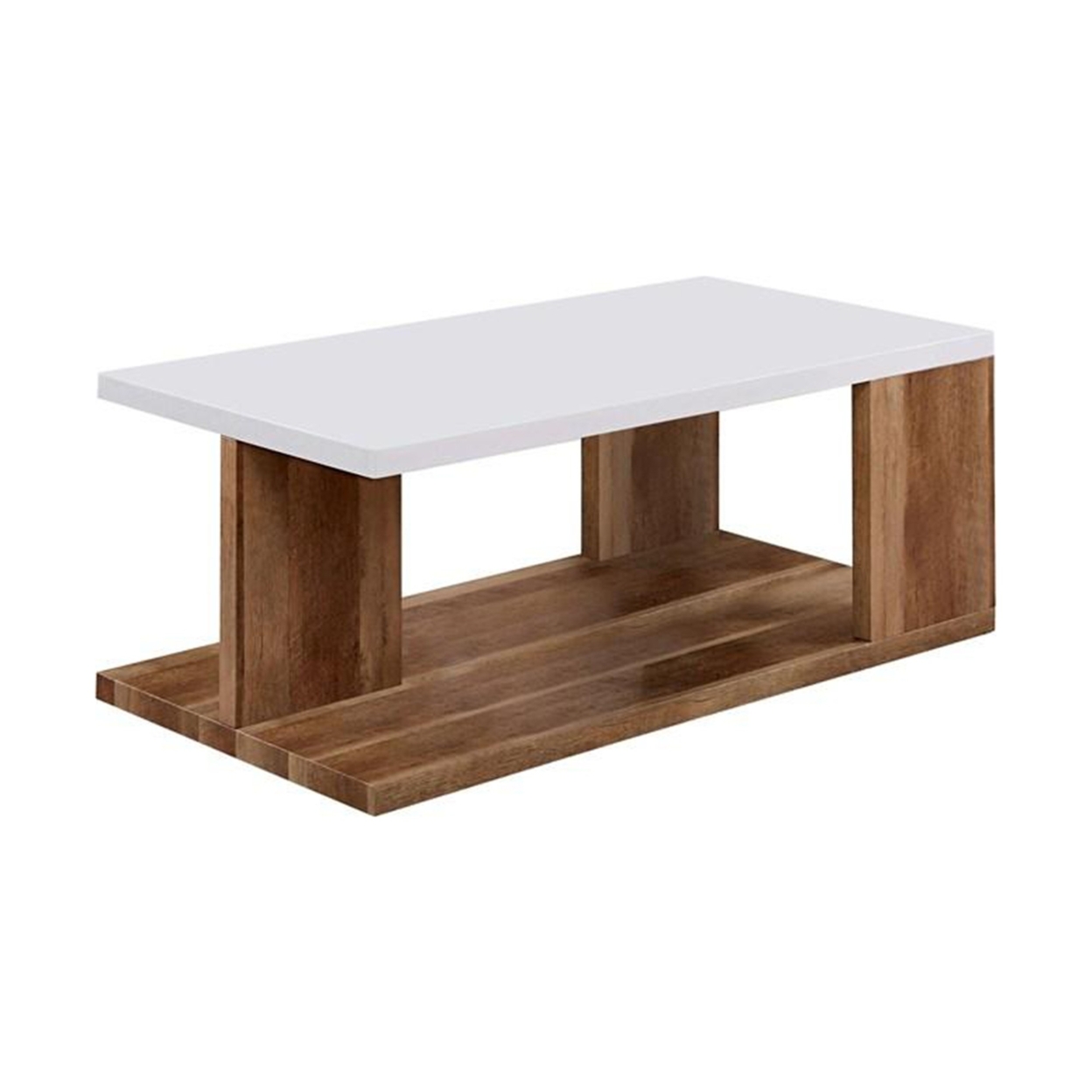Coffee Table With Open Shelf And Rectangular Panel Legs, Brown And White- Saltoro Sherpi