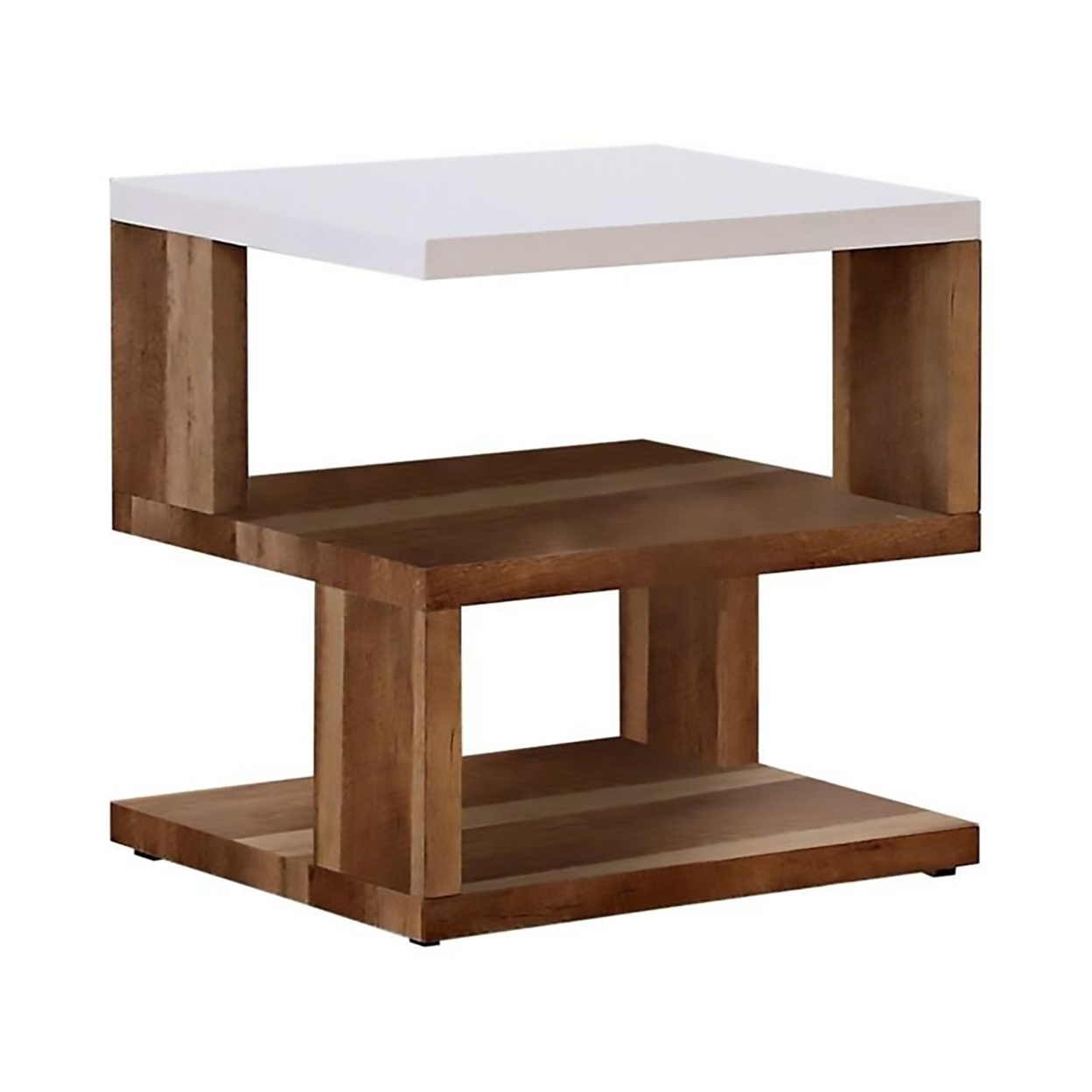 End Table With 2 Tier Shelves And Panel Legs, Brown And White- Saltoro Sherpi