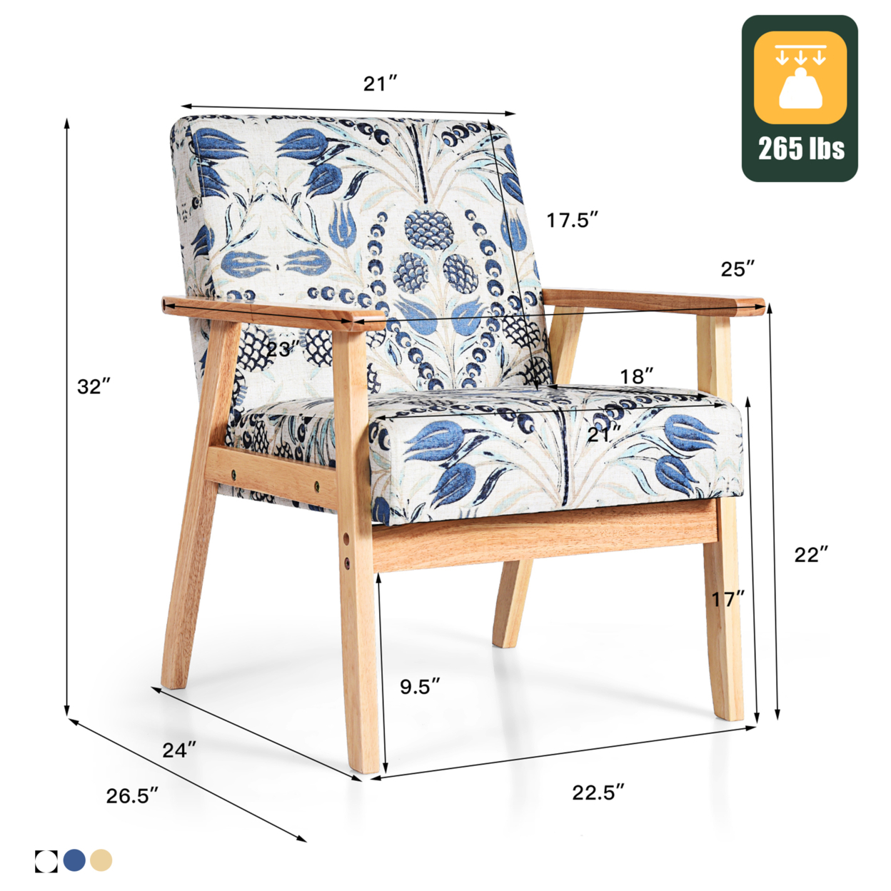 2PCS Accent Armchair Upholstered Chair Home Office W/ Wooden Frame White/Blue/Yellow - White