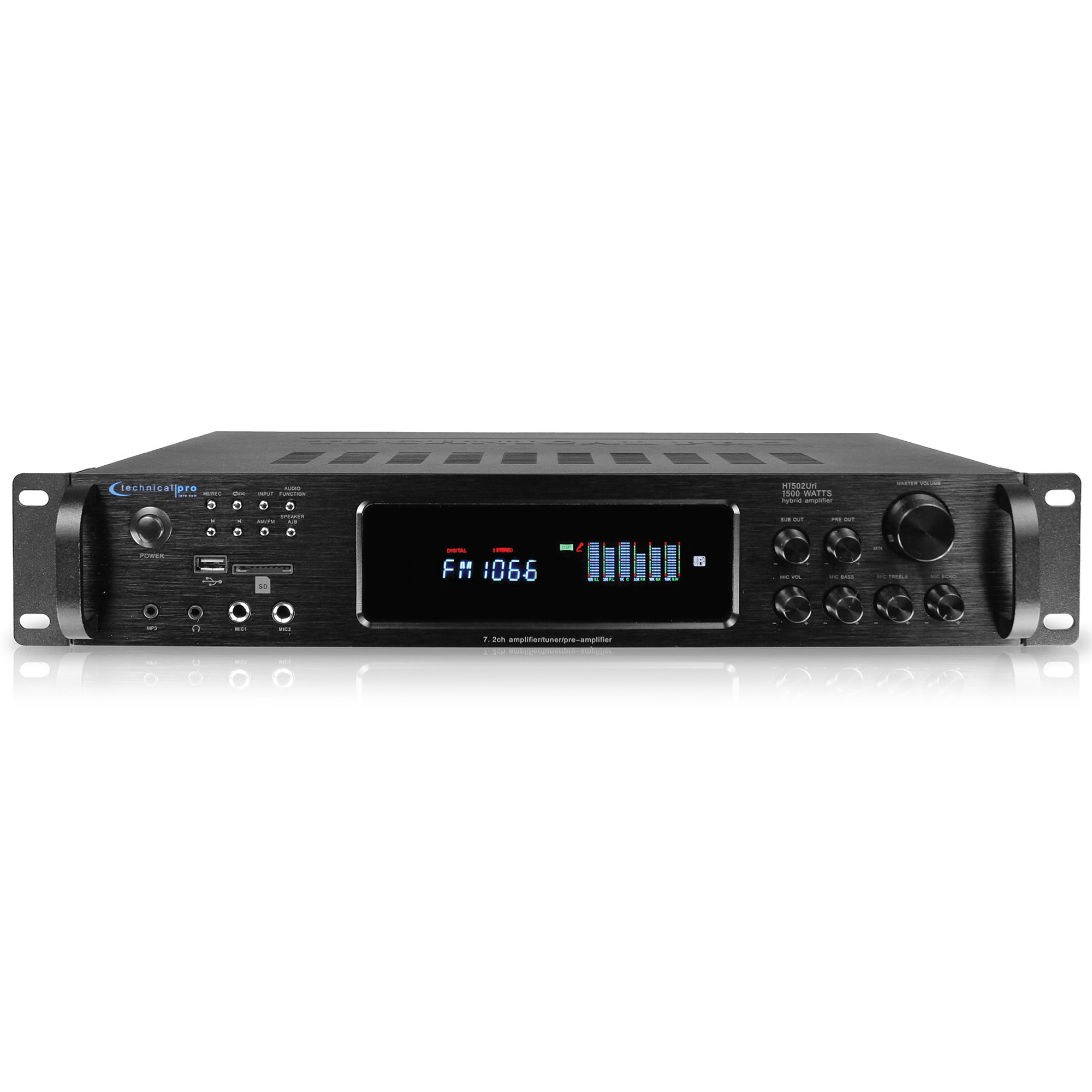 Technical Pro 1500 Watts Bluetooth Home Stereo Digital Multi Channel Hybrid Amplifier With USB SD Inputs, 2 Mic Inputs, AM/FM Digital Tuner