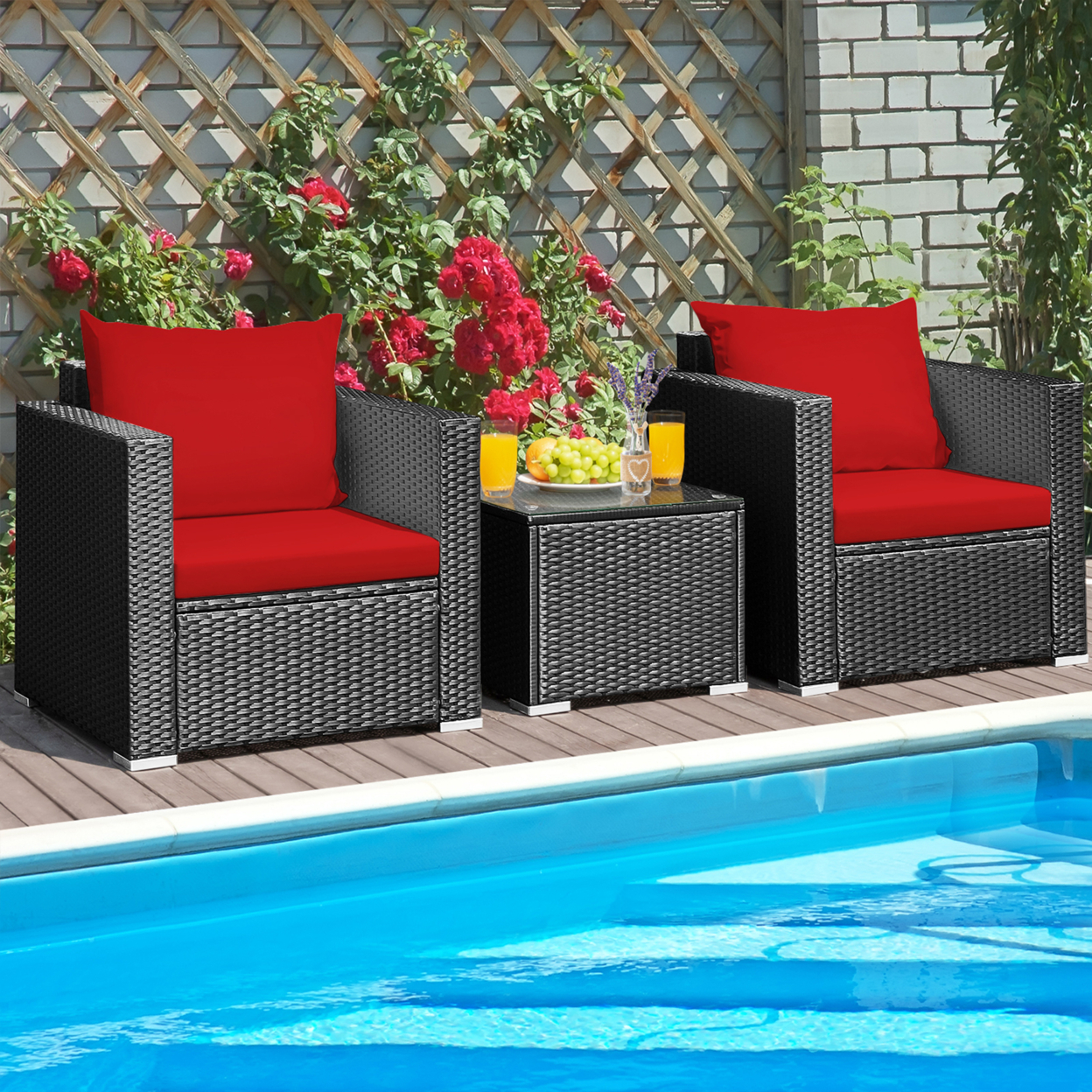 3PCS Rattan Patio Conversation Furniture Set Outdoor W/ Red Cushions