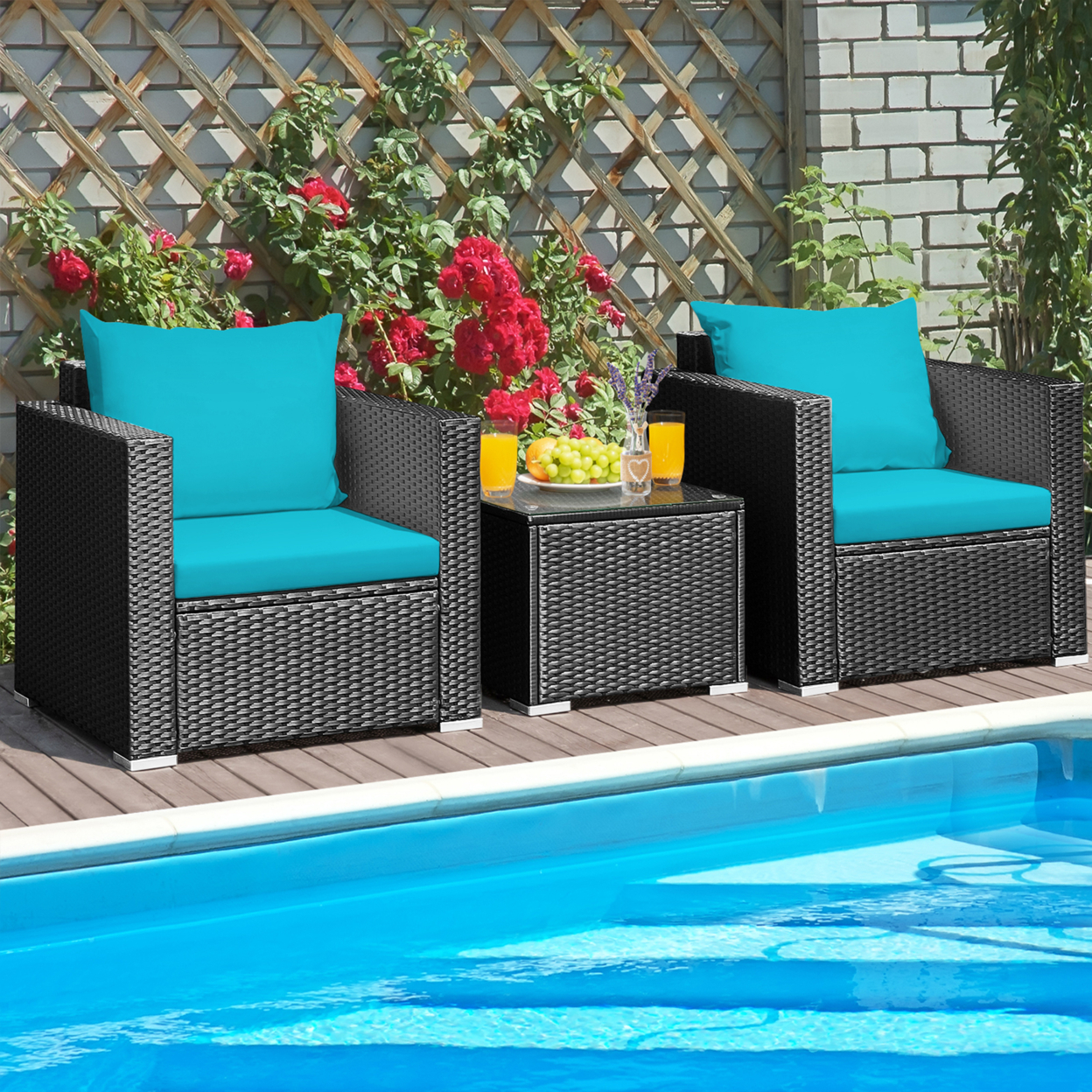 3PCS Rattan Patio Conversation Furniture Set Outdoor W/ Turquoise Cushions