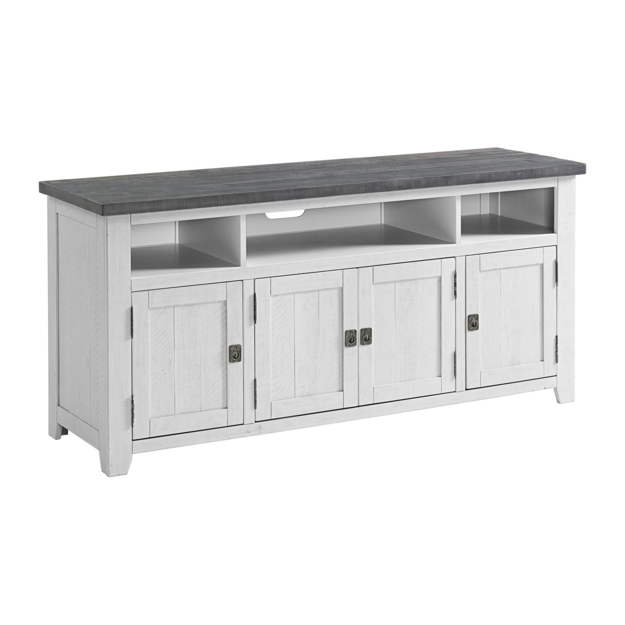 TV Stand With 3 Cabinets And 3 Cubbies, White And Gray- Saltoro Sherpi