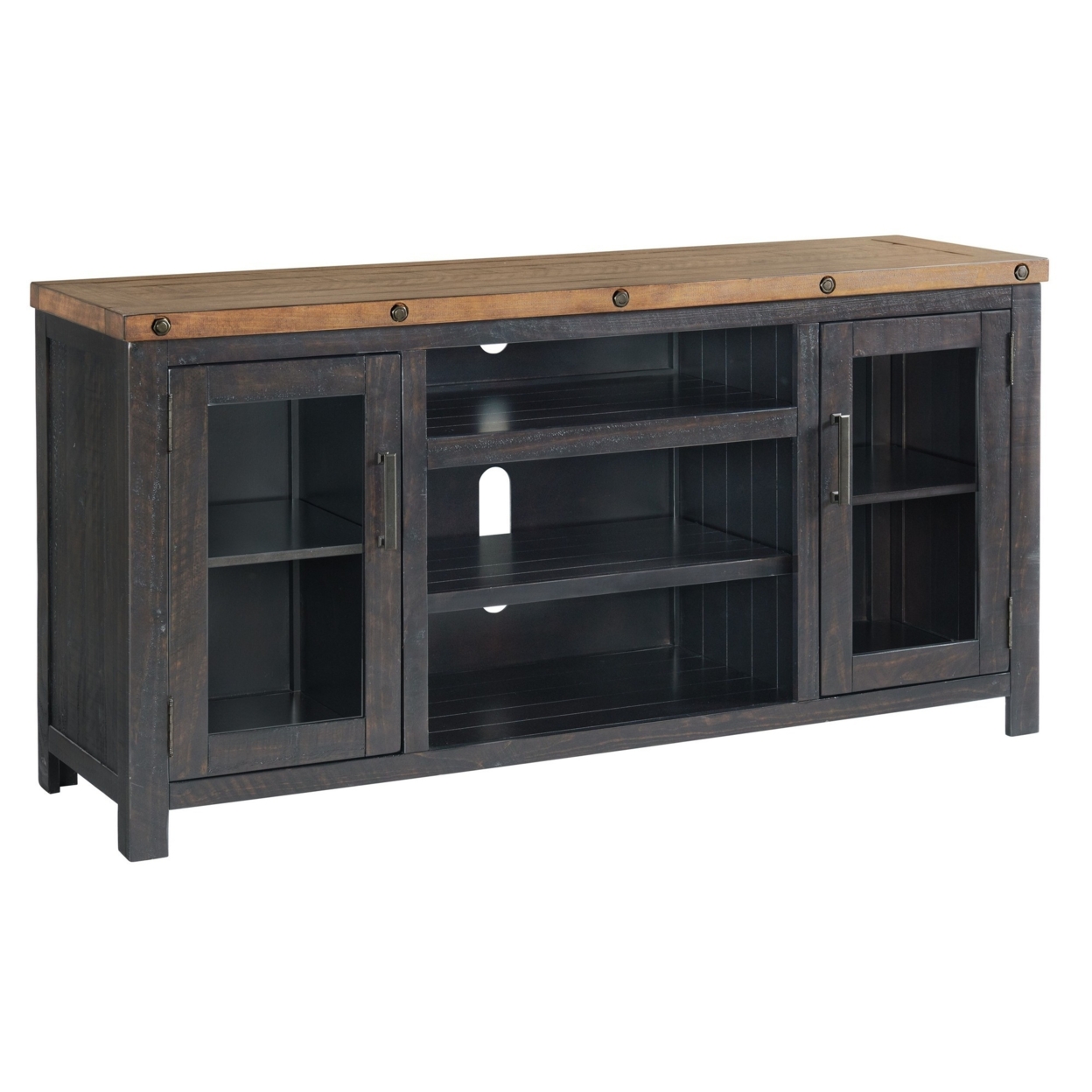TV Stand With 2 Doors And Open Cubbies, Brown And Black- Saltoro Sherpi