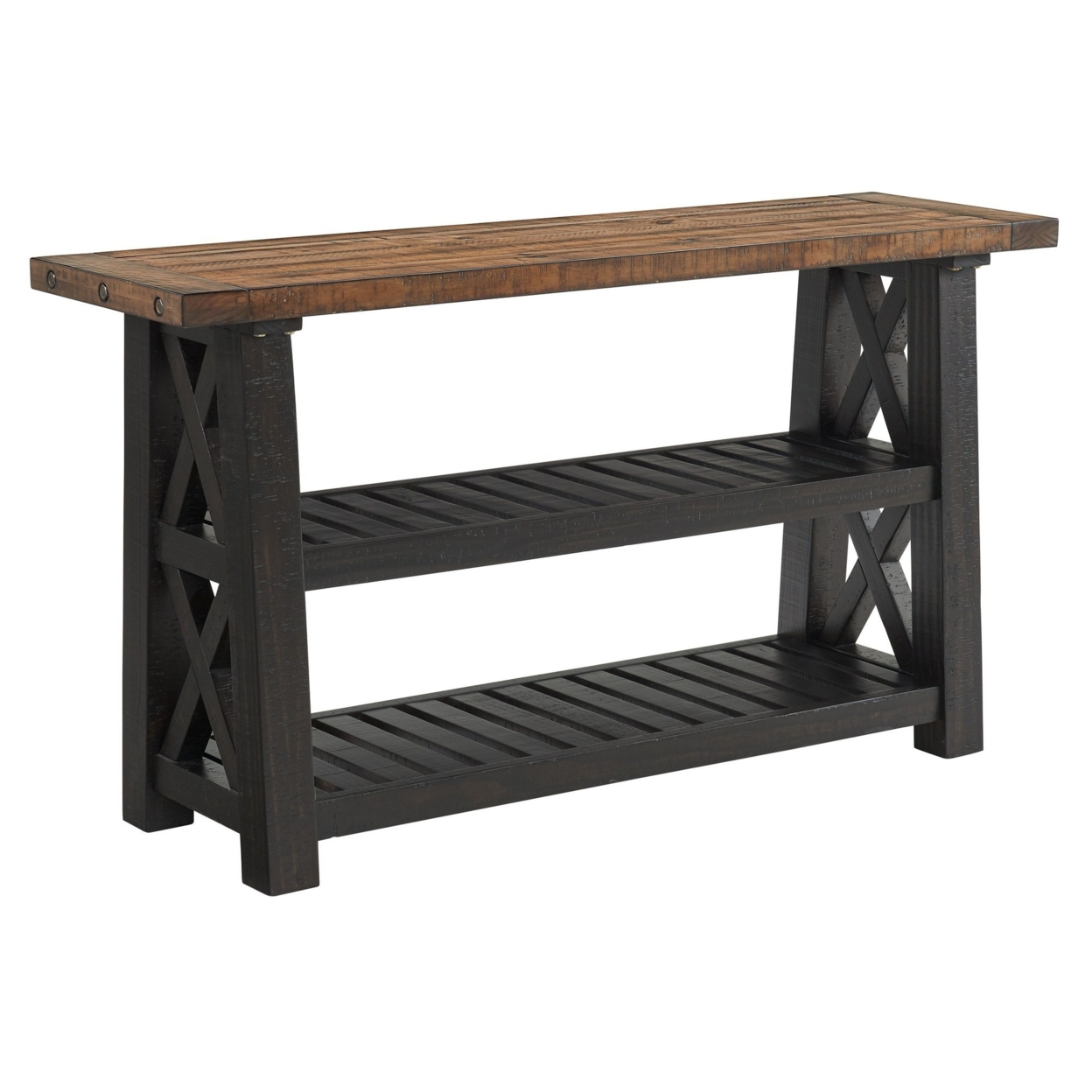 Sofa Table With 2 Slatted Shelves And X Legs, Brown And Black- Saltoro Sherpi