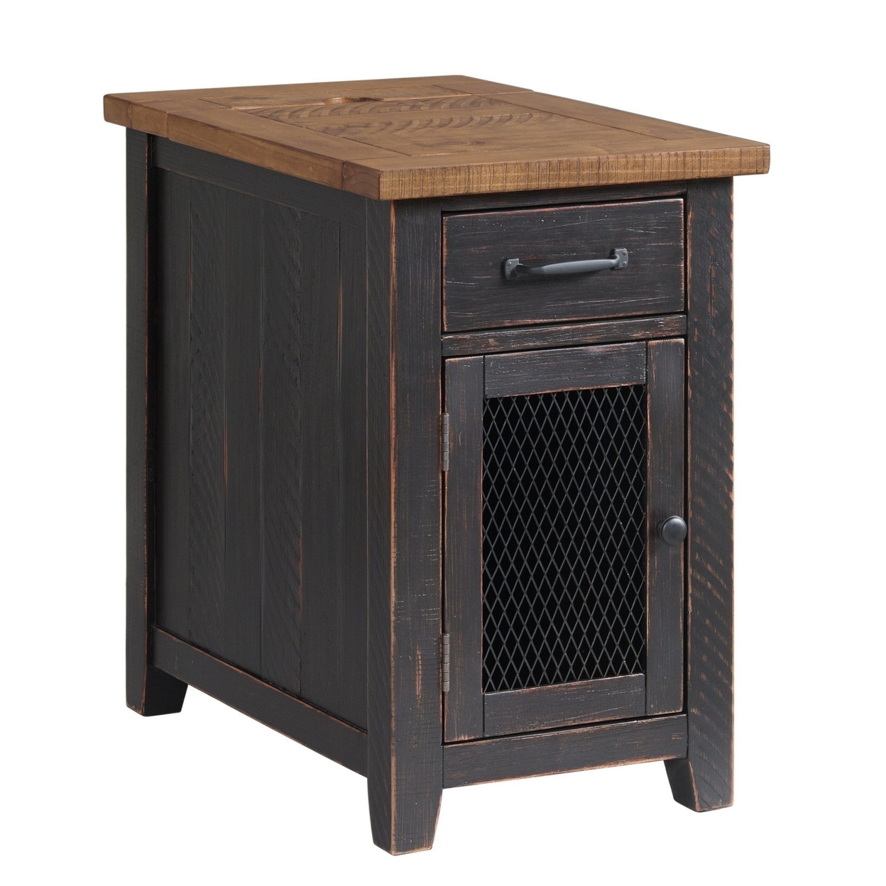 Chairside Table With 1 Drawer And 1 Wire Door, Black And Brown- Saltoro Sherpi