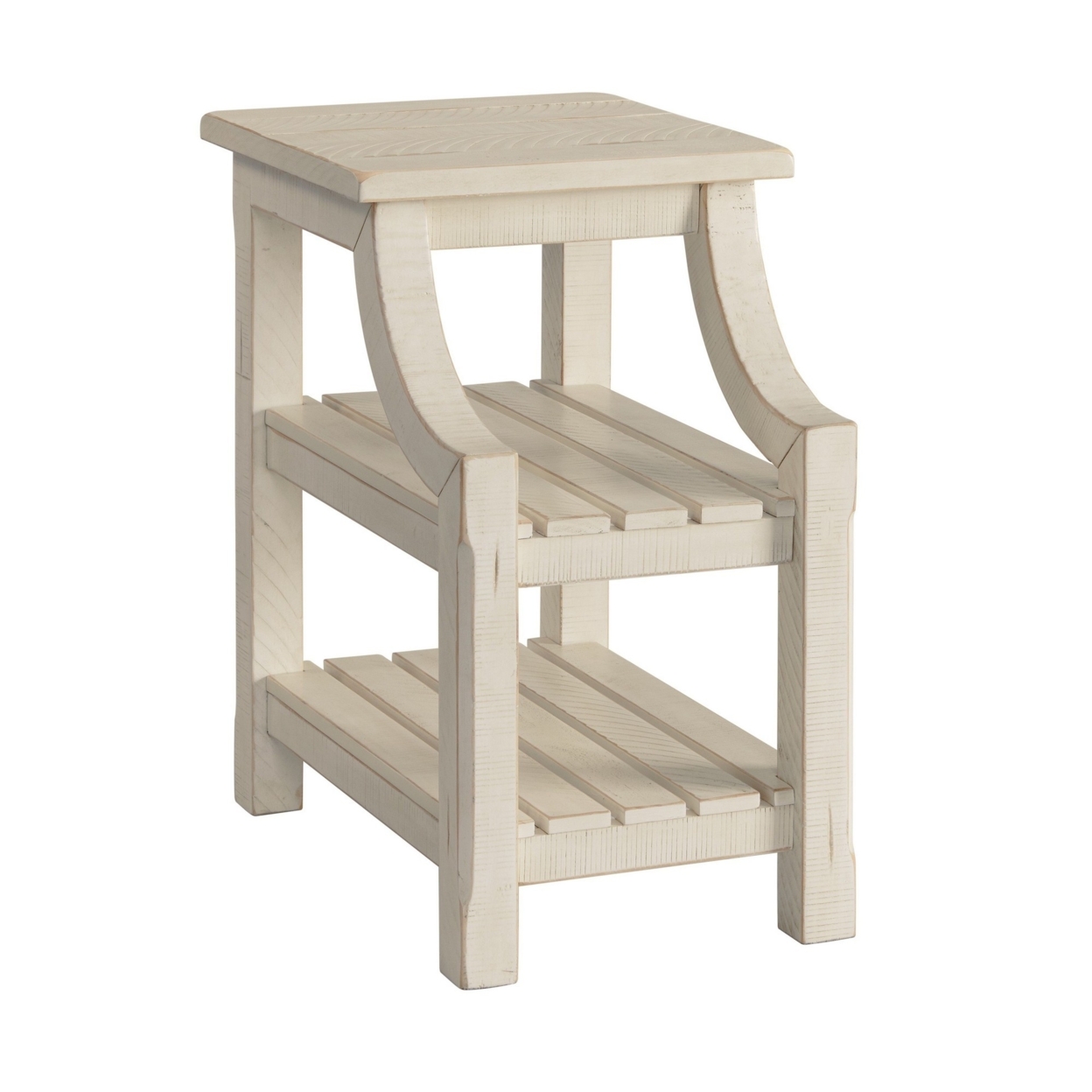 Chairside Table With 2 Slatted Shelves And Chiseled Edges, White- Saltoro Sherpi