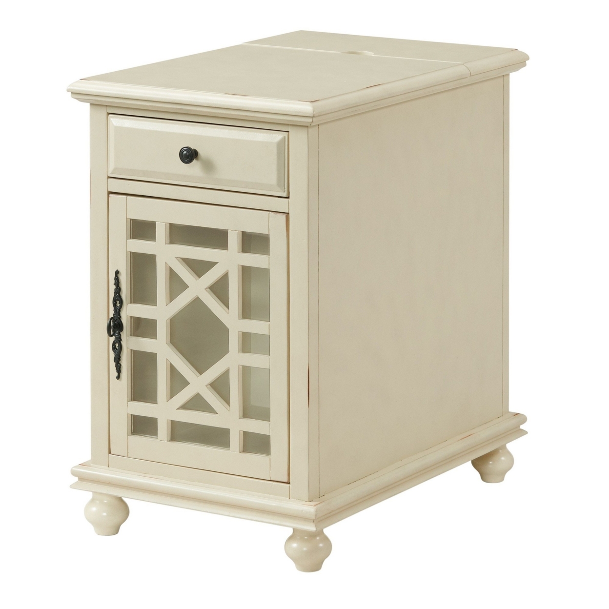 Chairside Table With 1 Drawer And 1 Trellis Door, Antique White- Saltoro Sherpi