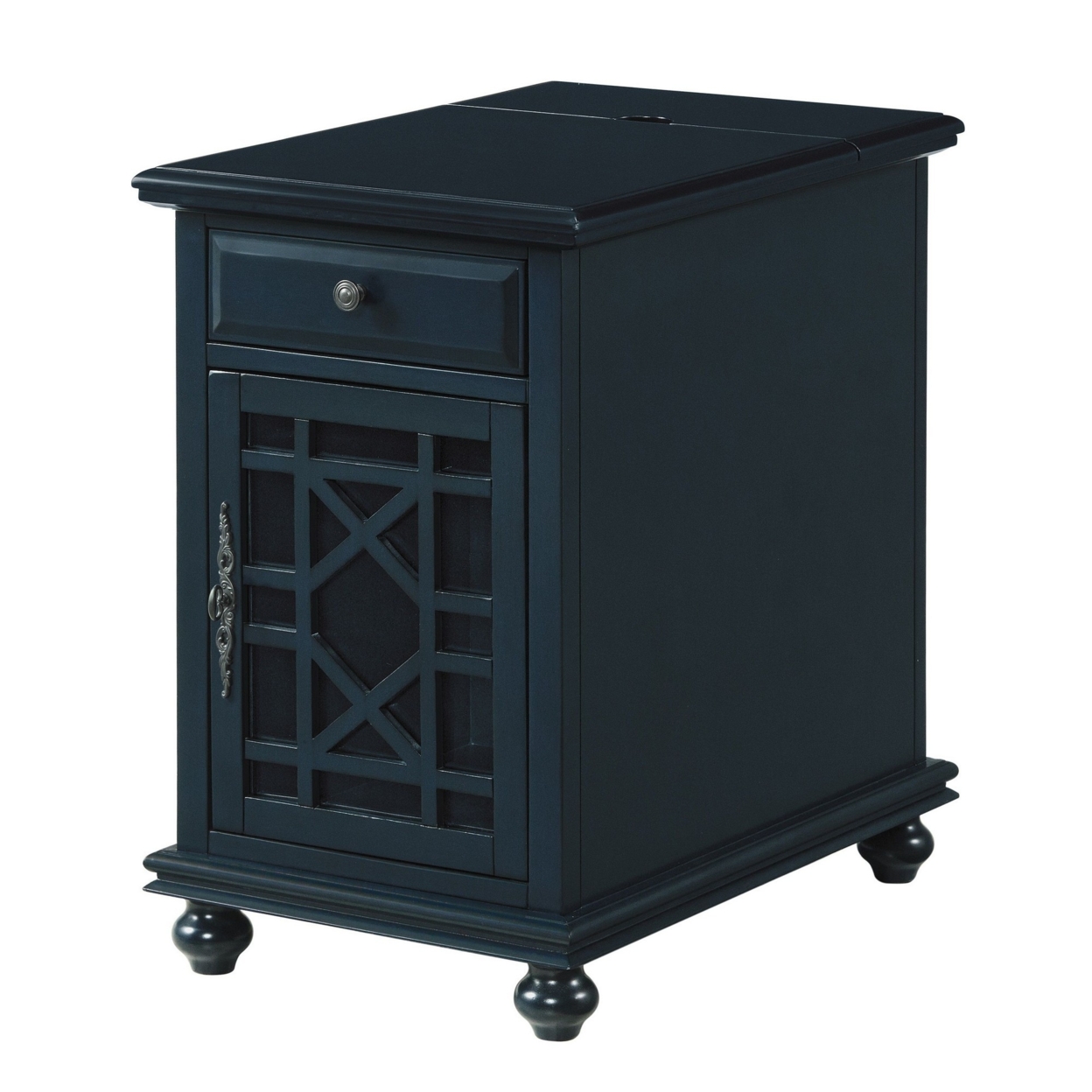 Chairside Table With 1 Drawer And 1 Trellis Door, Blue- Saltoro Sherpi