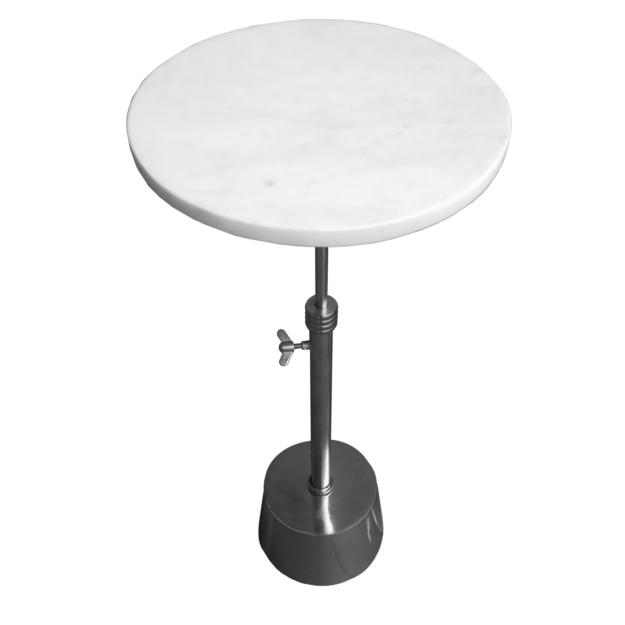 Aluminum Frame Round Side Table With Marble Top And Adjustable Height, White And Silver- Saltoro Sherpi