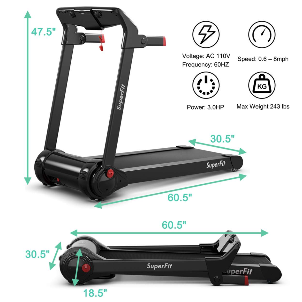 Folding Electric Treadmill 3.0HP Exercise Running Machine W/ App Control - Red + Black