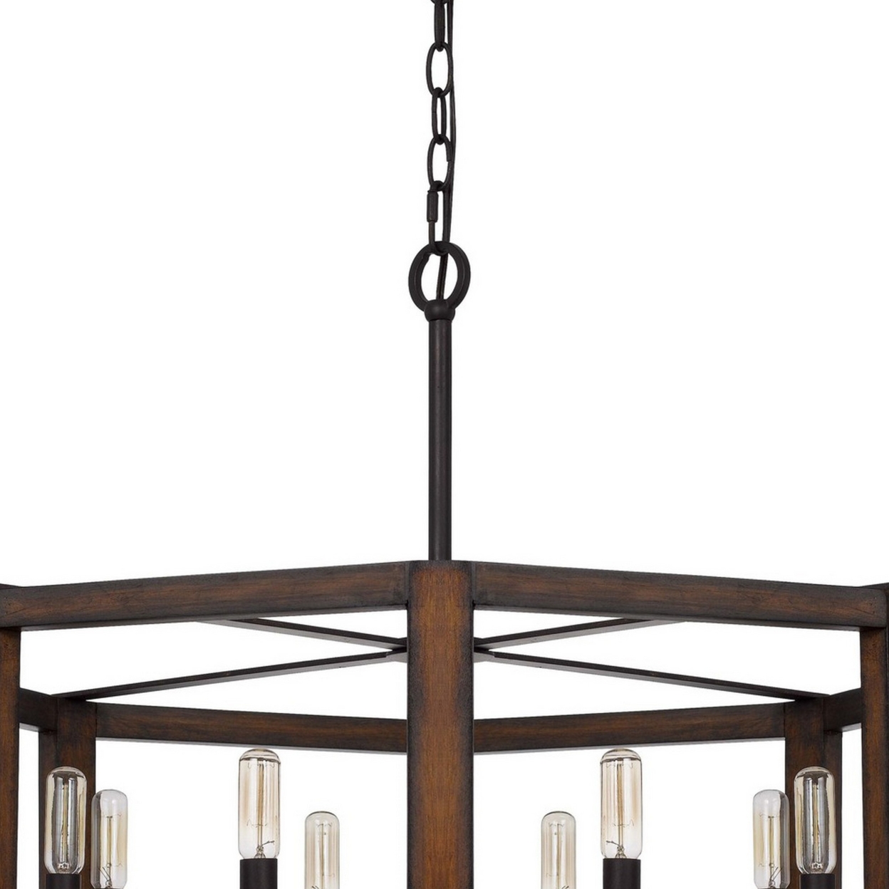 Chandelier With Hexagonal Shape Open Wooden Frame And Hanging Chain, Brown- Saltoro Sherpi