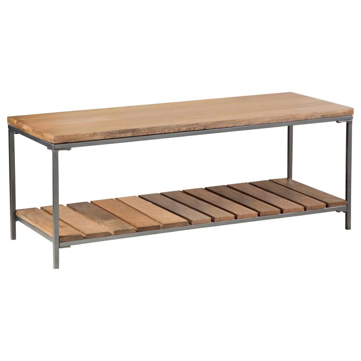 Accent Bench With 1 Slatted Shelf And Tubular Metal Legs, Natural Brown- Saltoro Sherpi