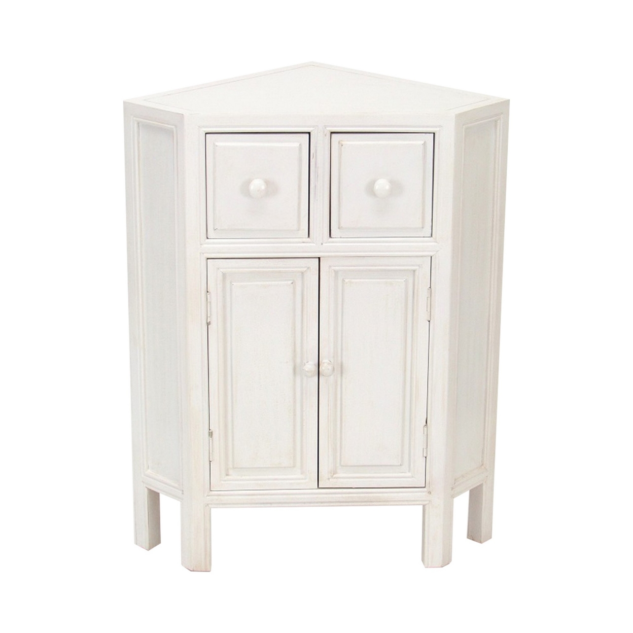 Wooden Corner Cabinet With 2 Drawers And 2 Doors, White- Saltoro Sherpi