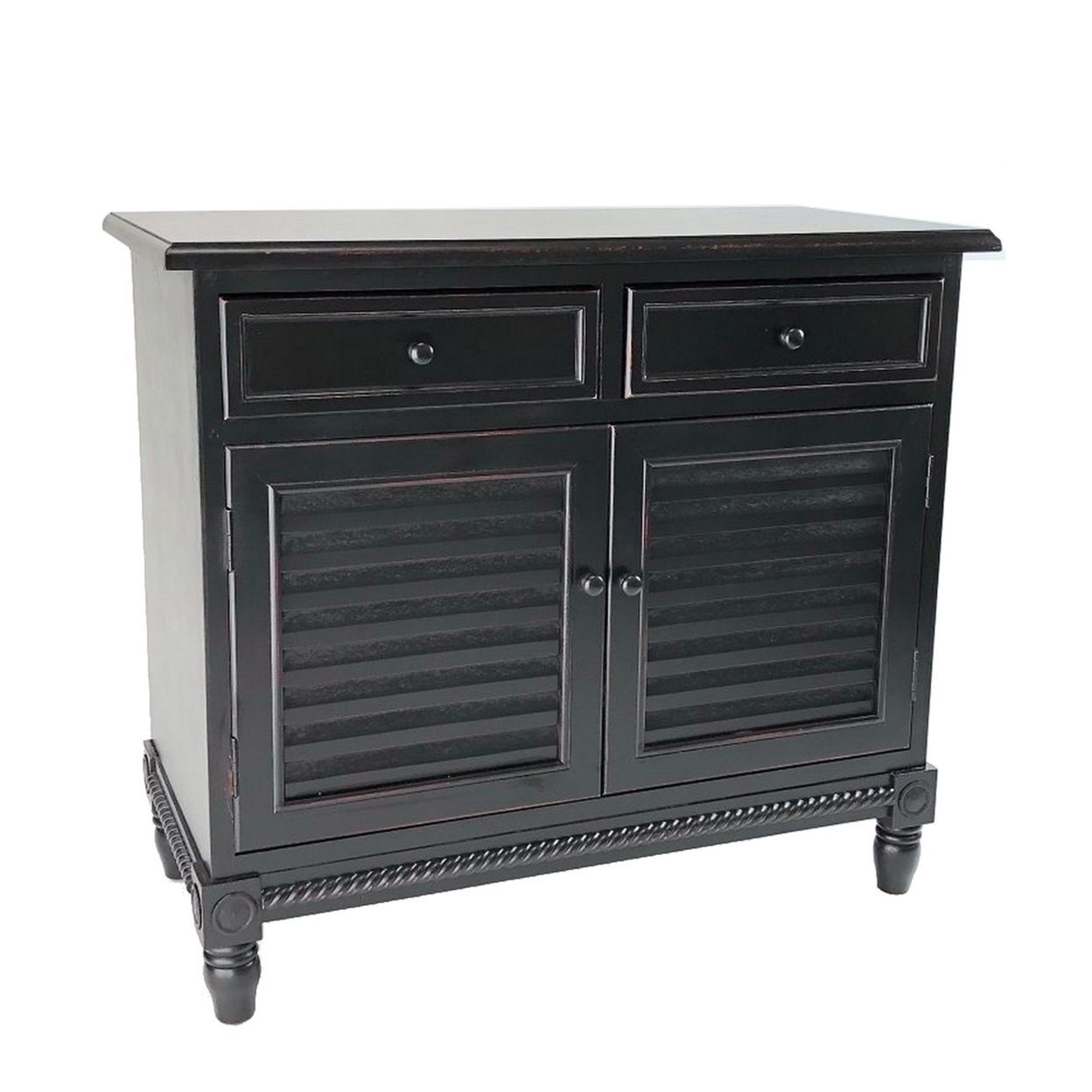 2 Door Wooden Cabinet With Horizontal Slatted Front And Round Knob, Black- Saltoro Sherpi