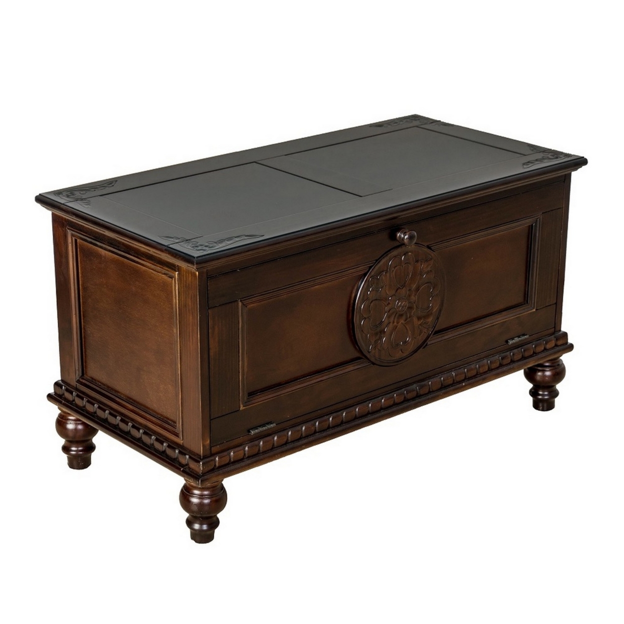 Accent Chest With Drop Down Storage And Carved Details, Brown- Saltoro Sherpi