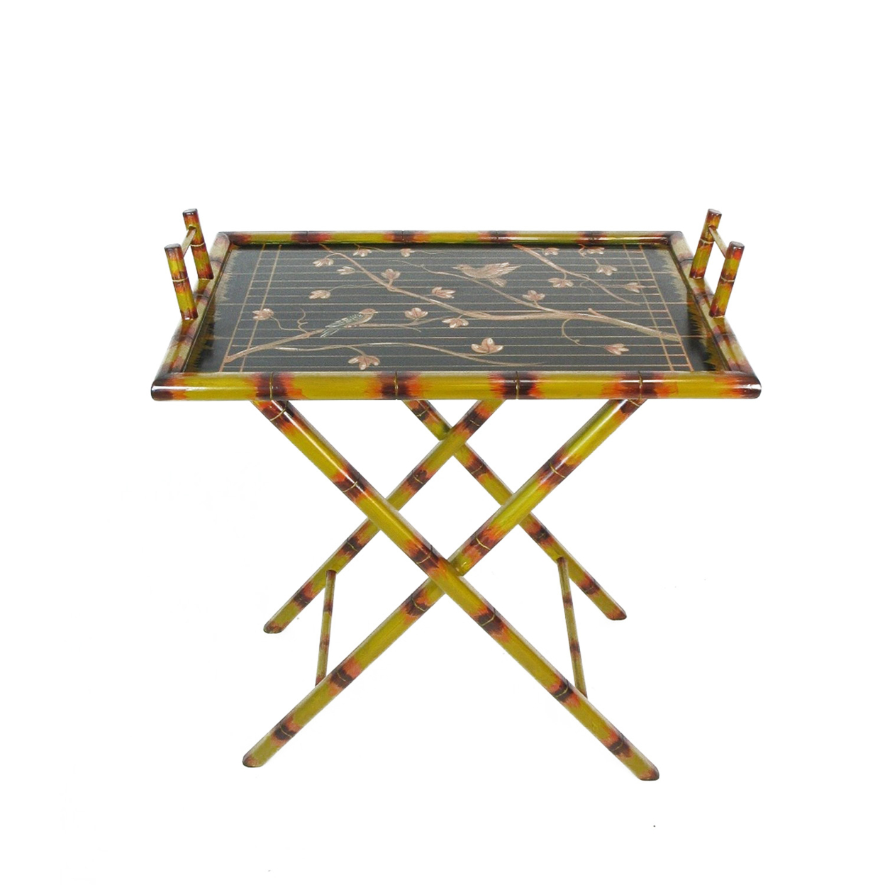 Wooden Folding Stand With Tray Top And Floral Print, Yellow- Saltoro Sherpi