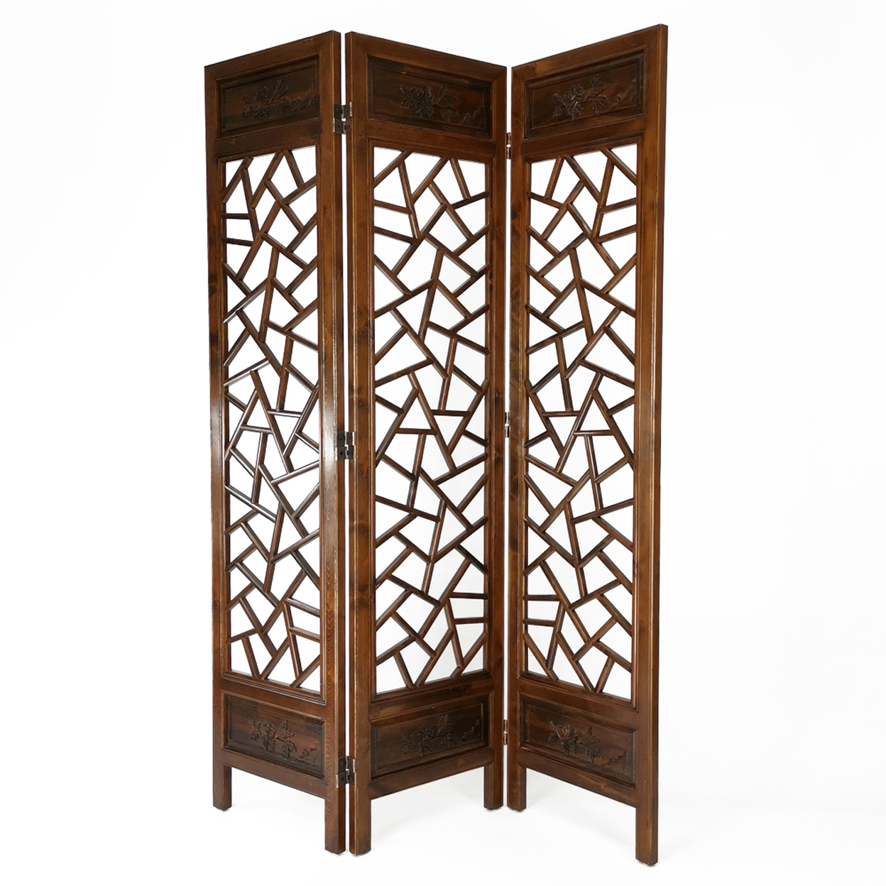 3 Mirrored Panel Screen With Abstract Cut Out Pattern, Brown- Saltoro Sherpi