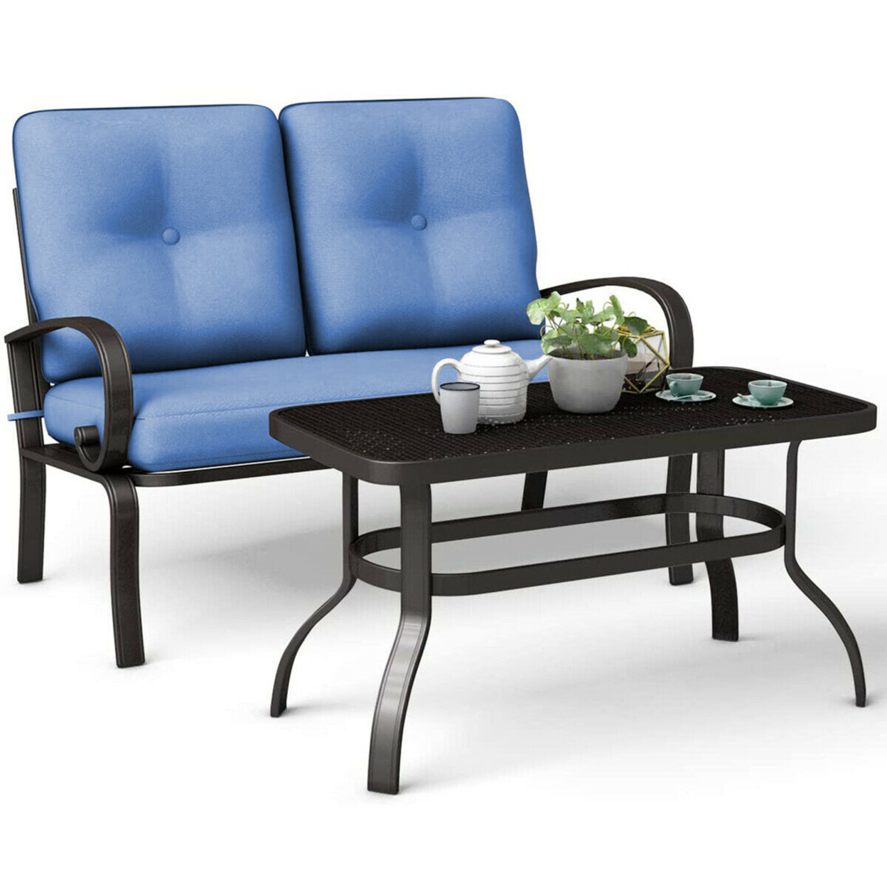 2PCS Outdoor Loveseat & Table Set Cushioned Patio Furniture Set Yard Garden