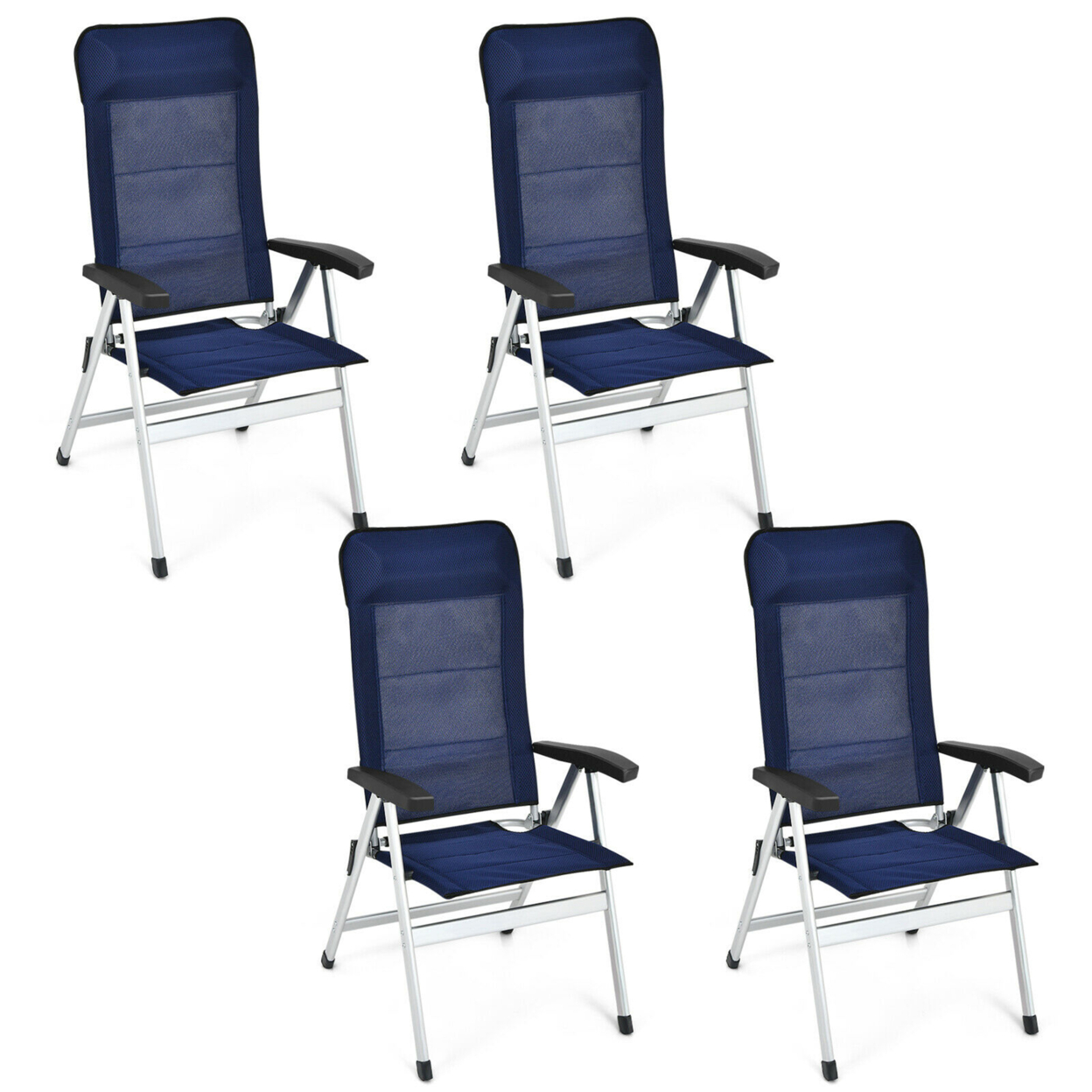 4PCS Patio Dining Chair Aluminum Camping Adjust Portable Headrest Navy