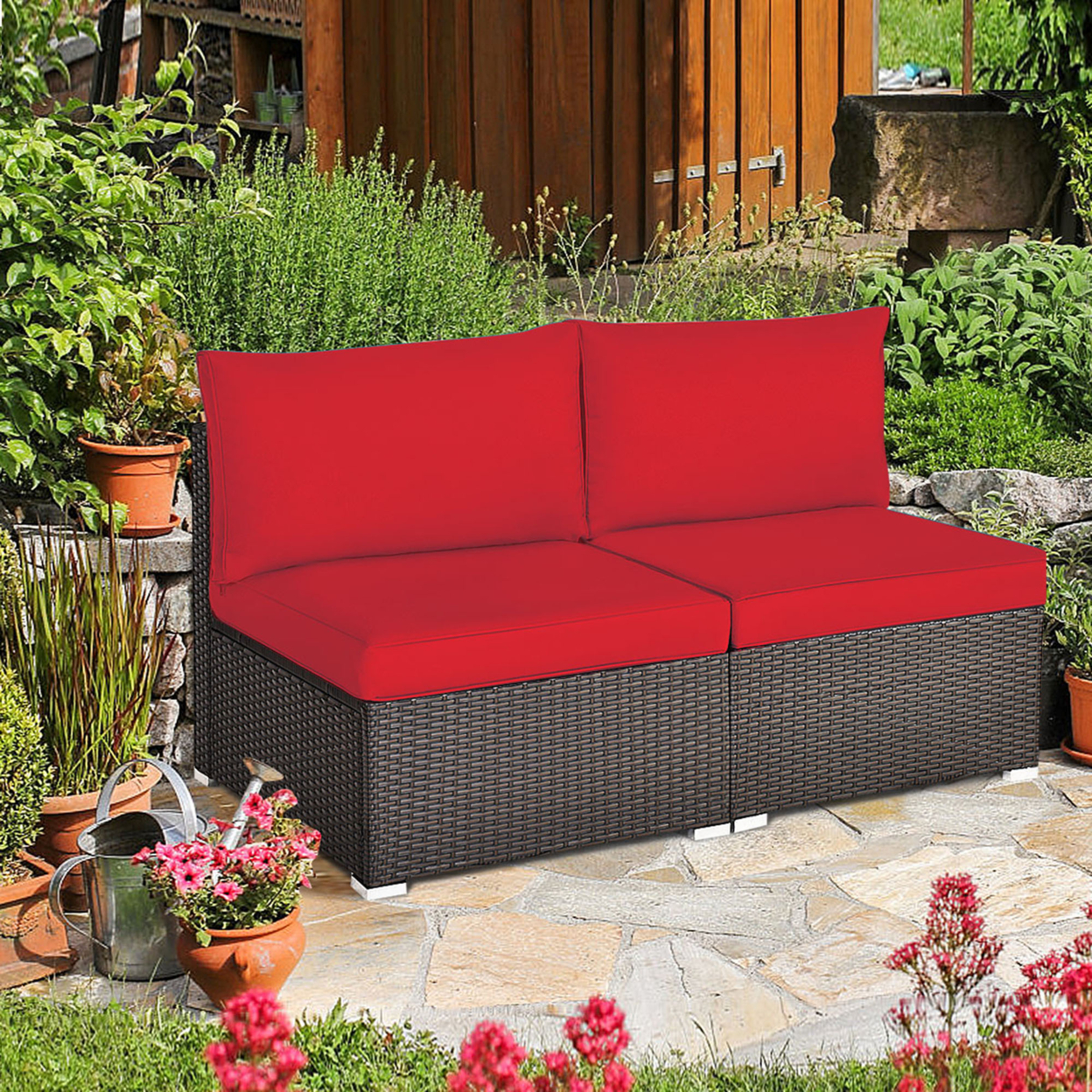 2PCS Patio Wicker Rattan Sectional Armless Chair Sofa W/ Red Cushion