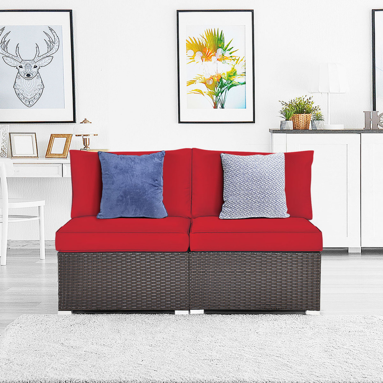 2PCS Patio Wicker Rattan Sectional Armless Chair Sofa W/ Red Cushion