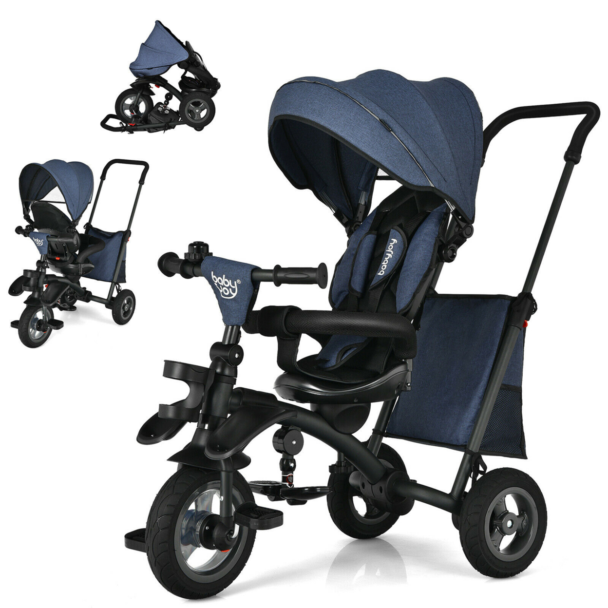 7-In-1 Kids Baby Tricycle Folding Steer Stroller W/ Rotatable Seat - Blue