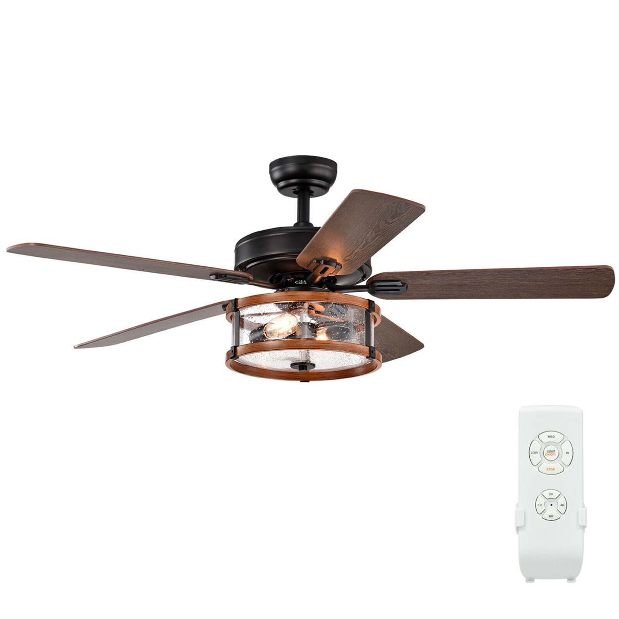 52'' Retro Ceiling Fan Lamp W/Glass Shade Reversible Blade Remote Control