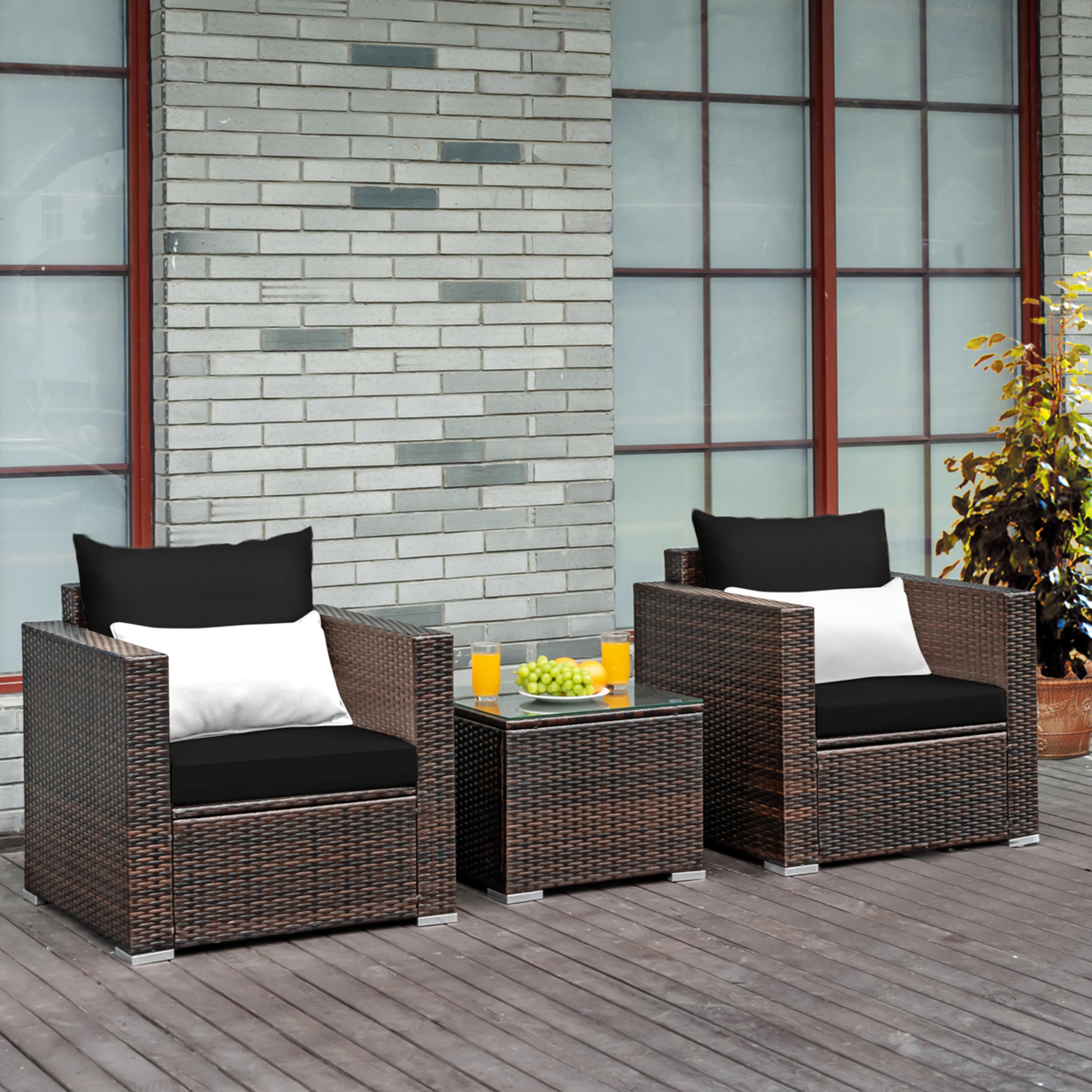 3PCS Rattan Patio Outdoor Conversation Furniture Set W/ Black Cushions