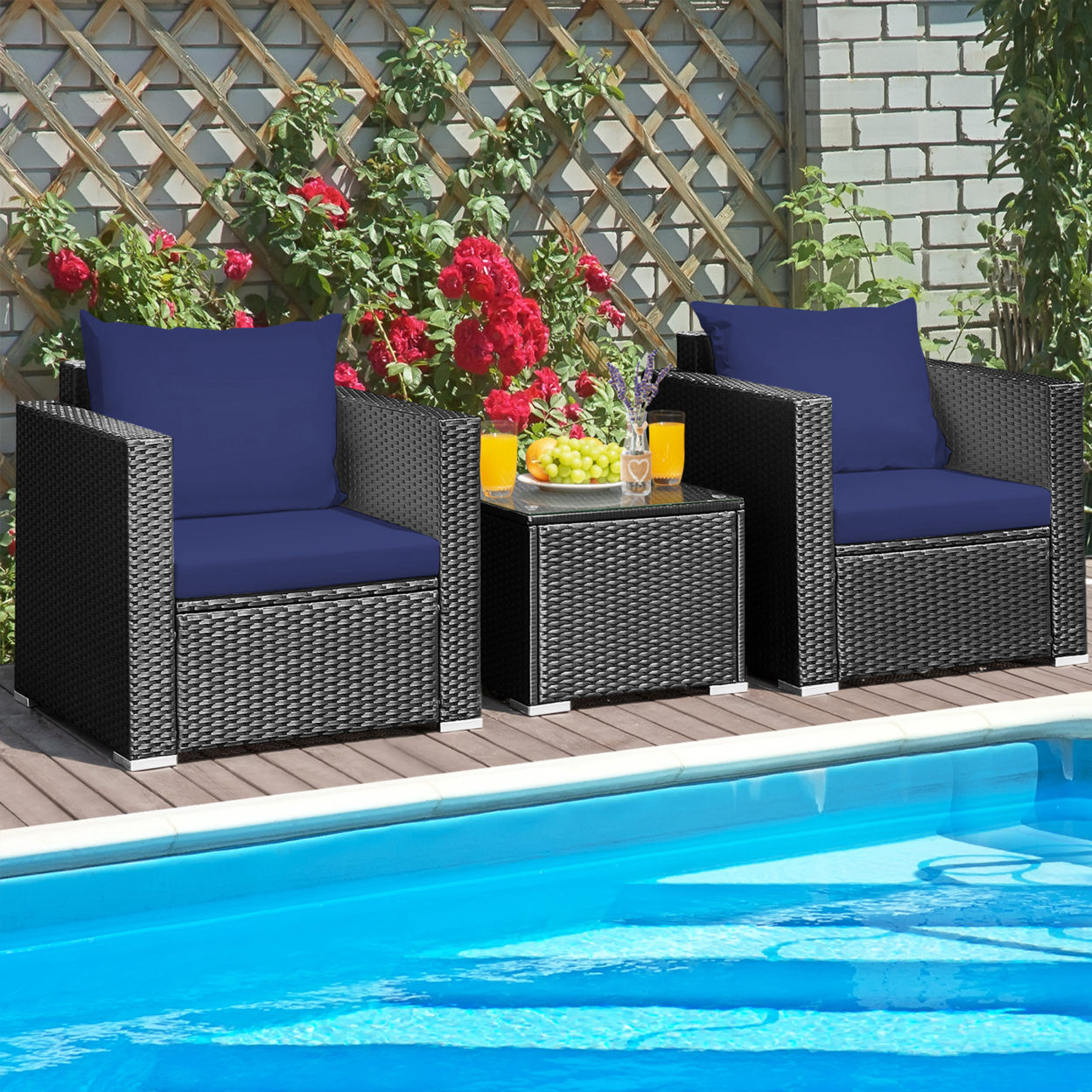 3PCS Rattan Patio Conversation Furniture Set Outdoor W/ Navy Cushions