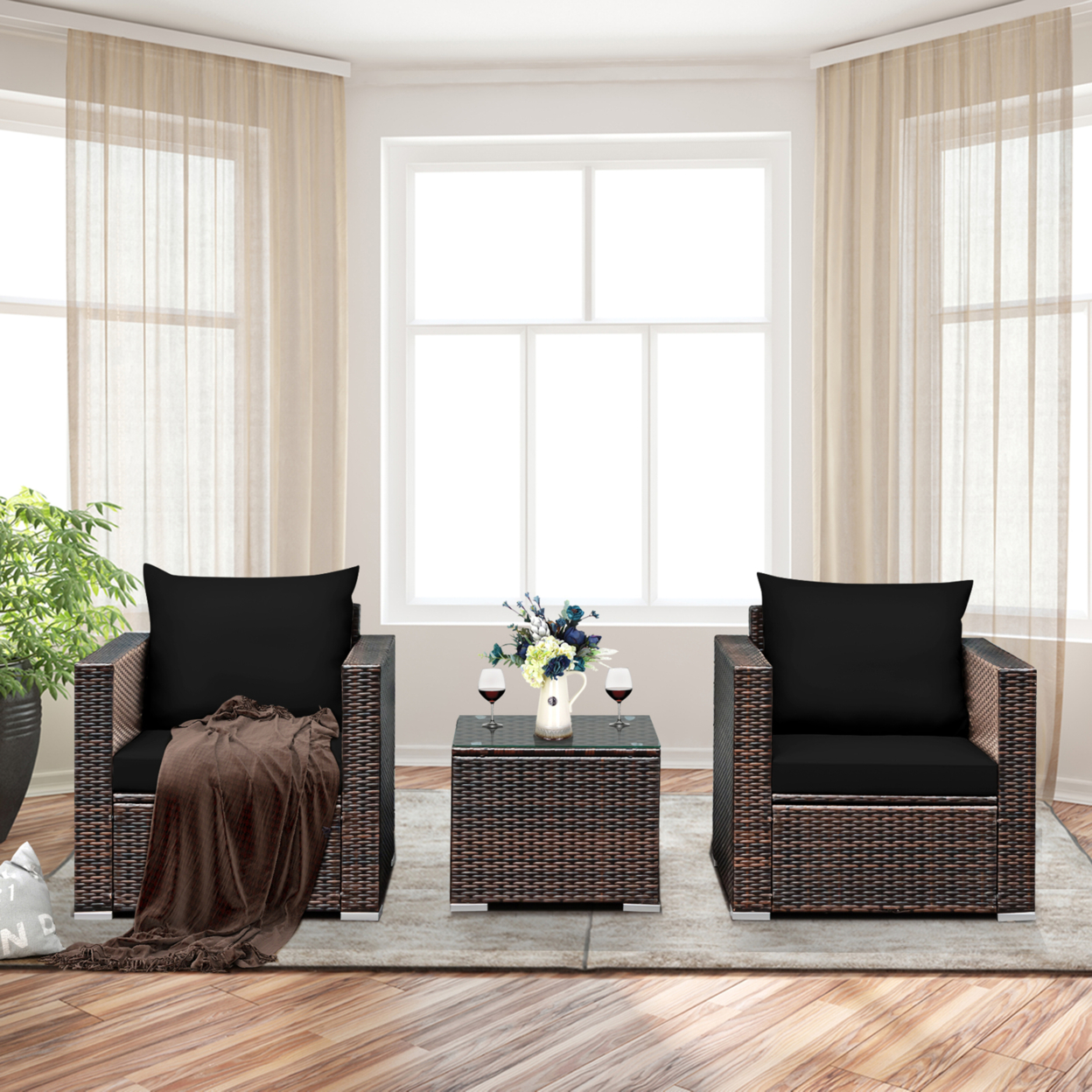 3PCS Rattan Patio Outdoor Conversation Furniture Set W/ Black Cushions