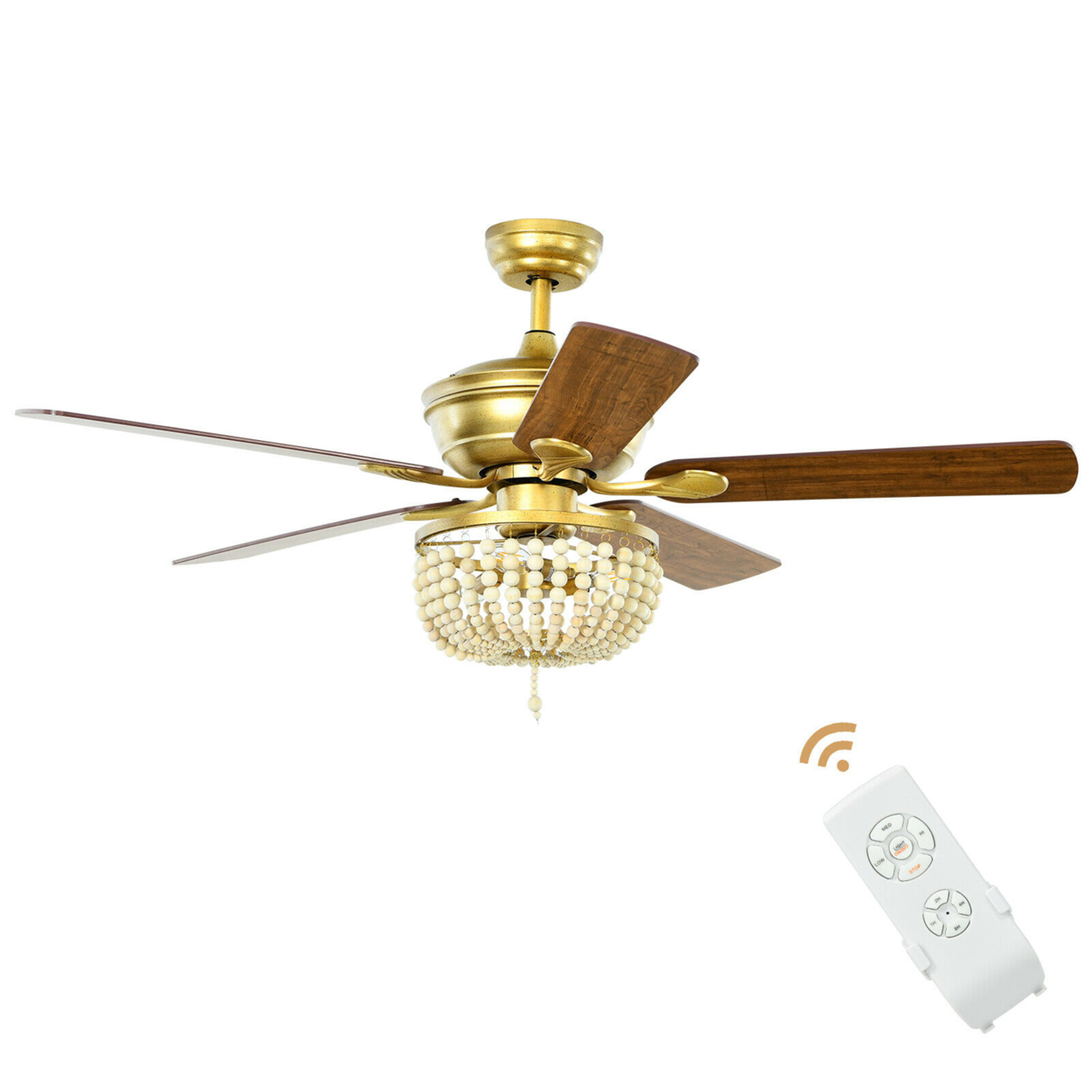 52'' Retro Ceiling Fan Light W/ Reversible Blades Remote Control - Golden