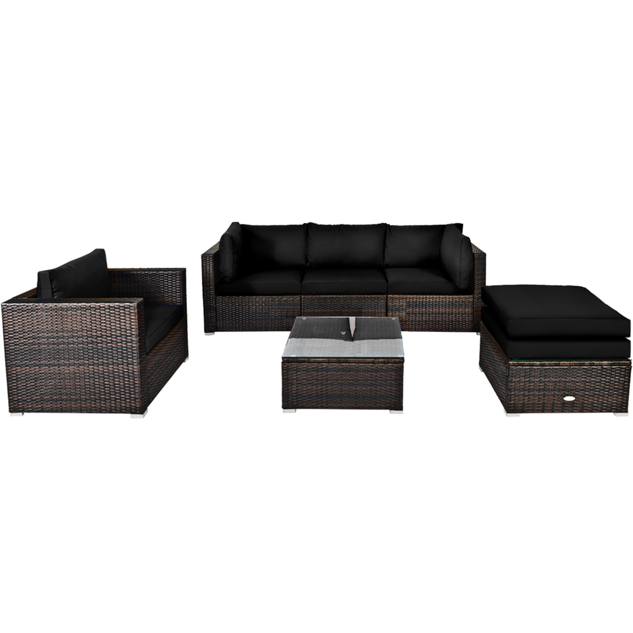 6PCS Patio Conversation Set Rattan Sectional Furniture Set W/ Black Cushions