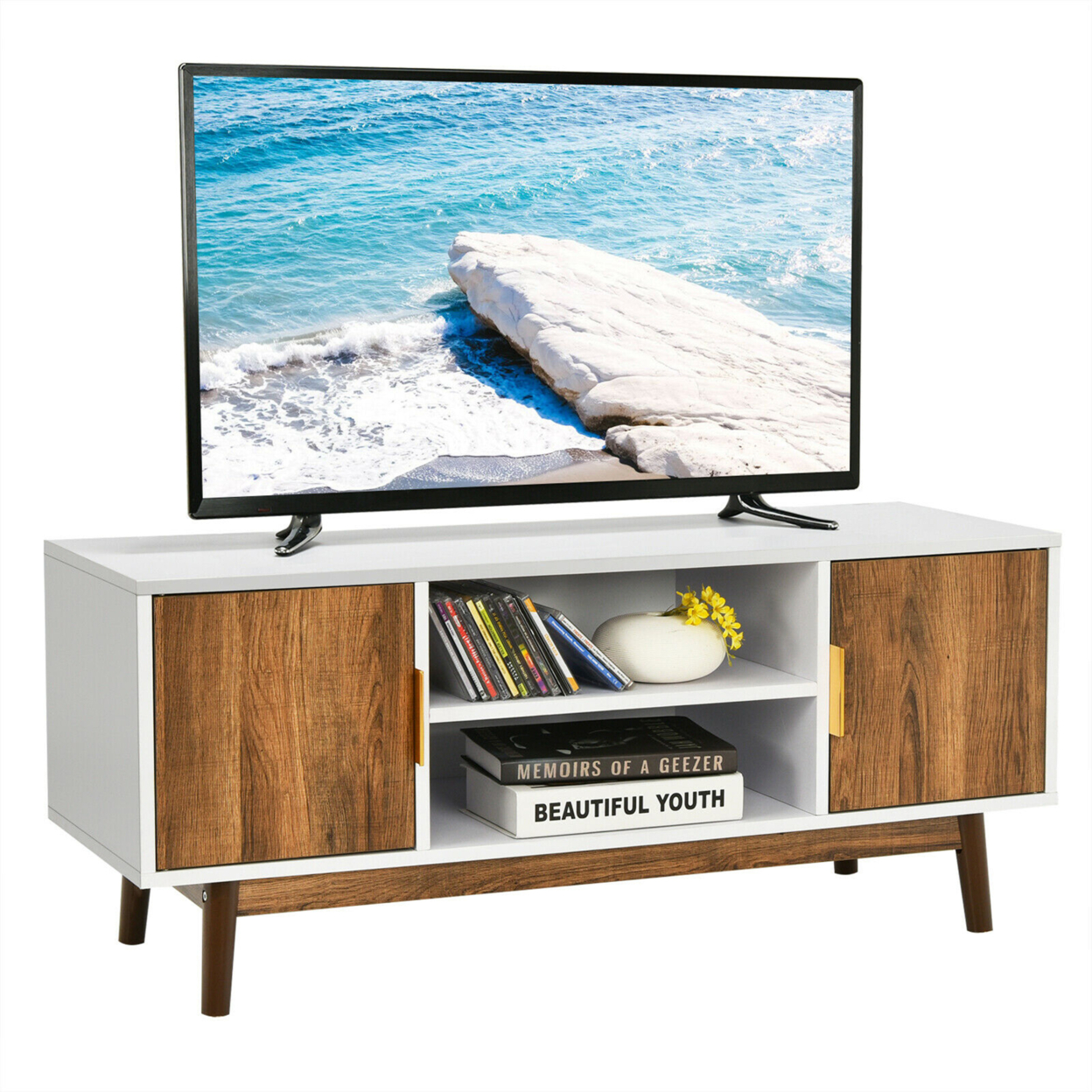 TV Stand Entertainment Media Console W/2 Storage Cabinets & Open Shelves